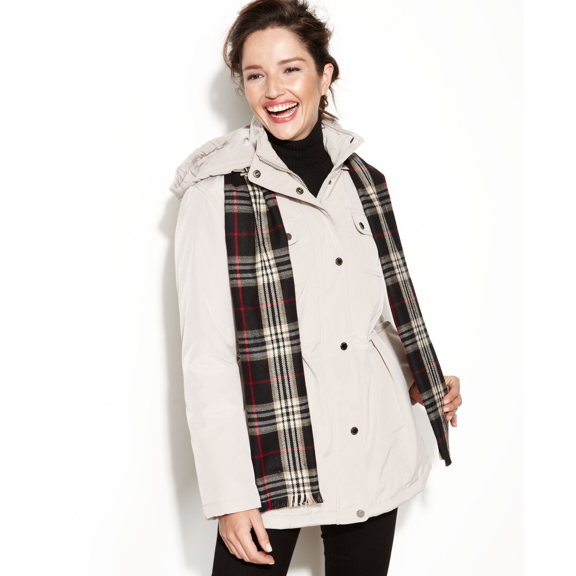 London fog Hooded Puffer Anorak With Plaid Scarf in Natural | Lyst