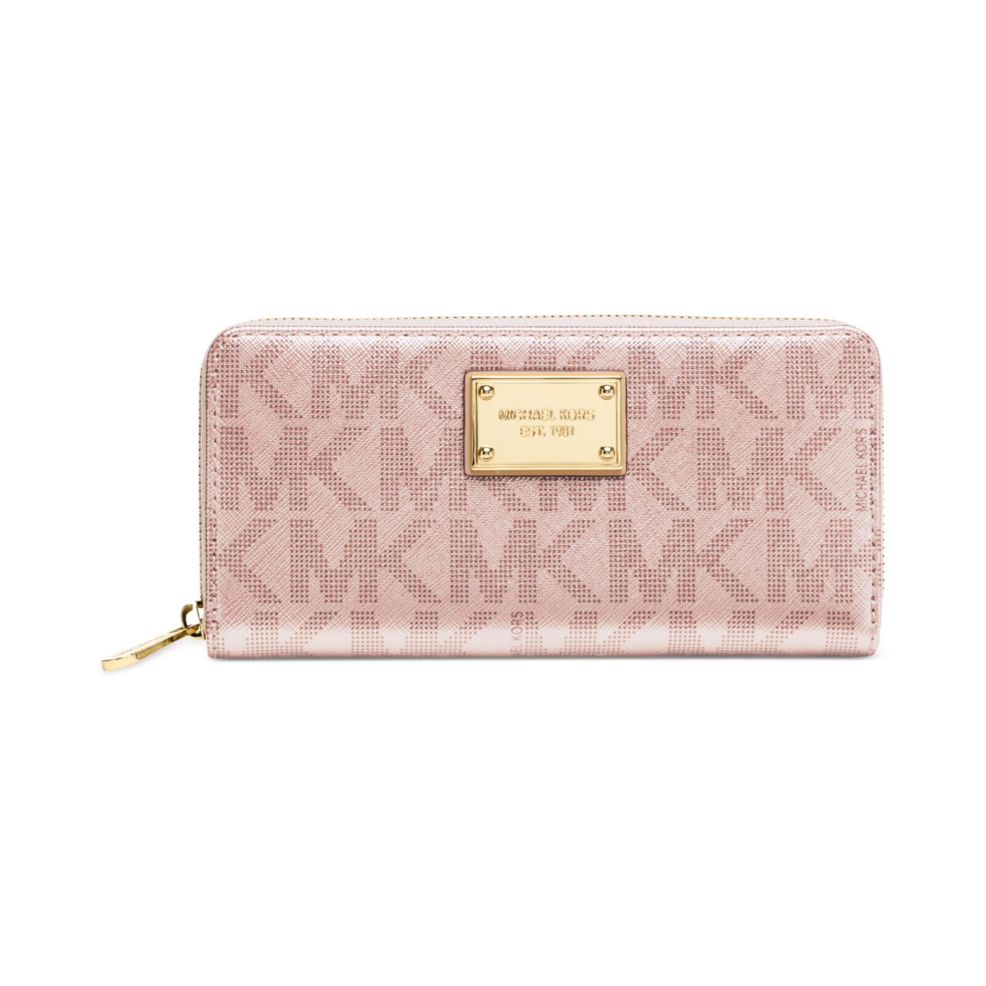 Lyst Michael kors Signature Metallic Zip Around Continental Wallet in Pink