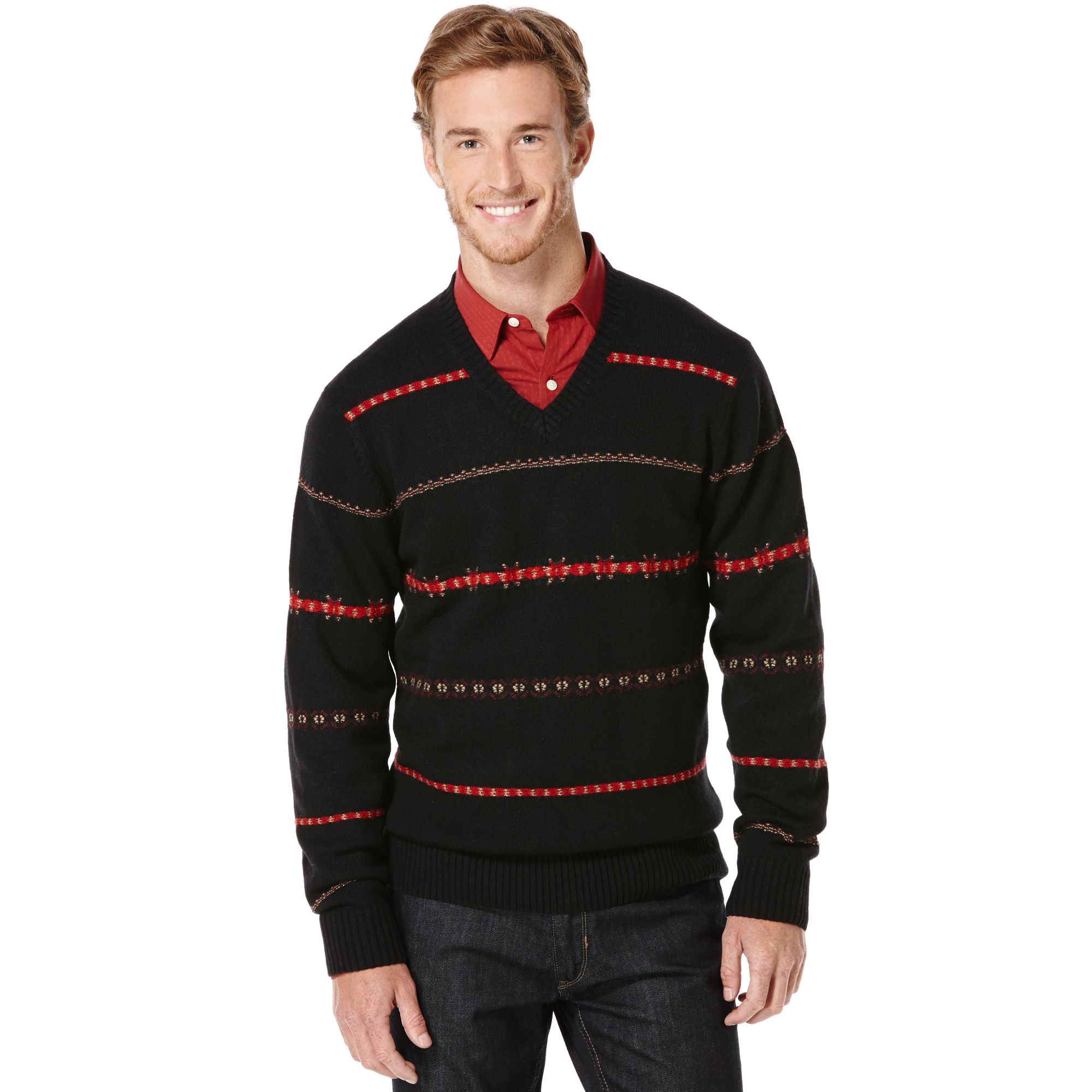 Perry Ellis Tipped V Neck Striped Sweater in Black for Men | Lyst