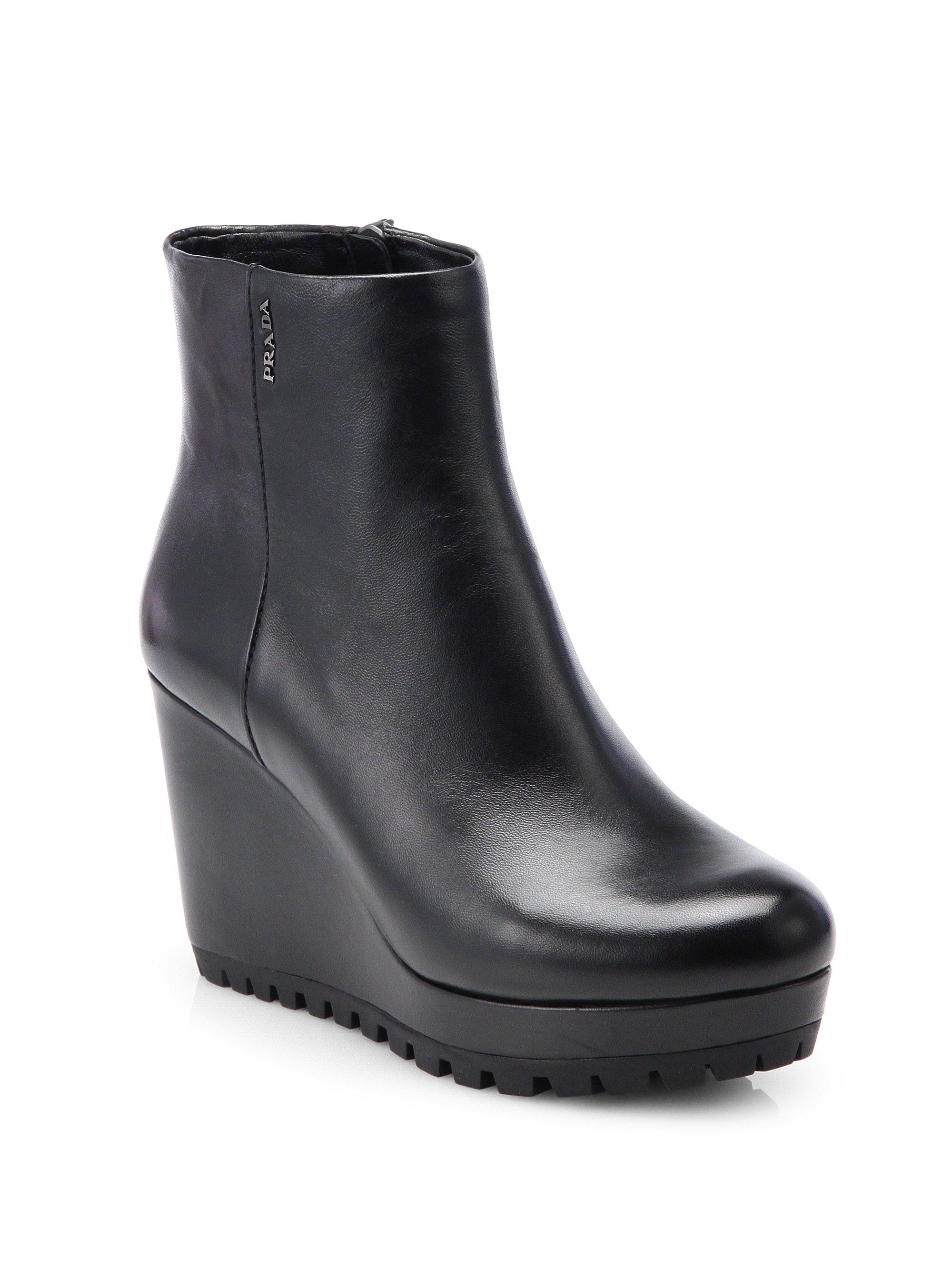 Prada Leather Wedge Ankle Boots in Black | Lyst