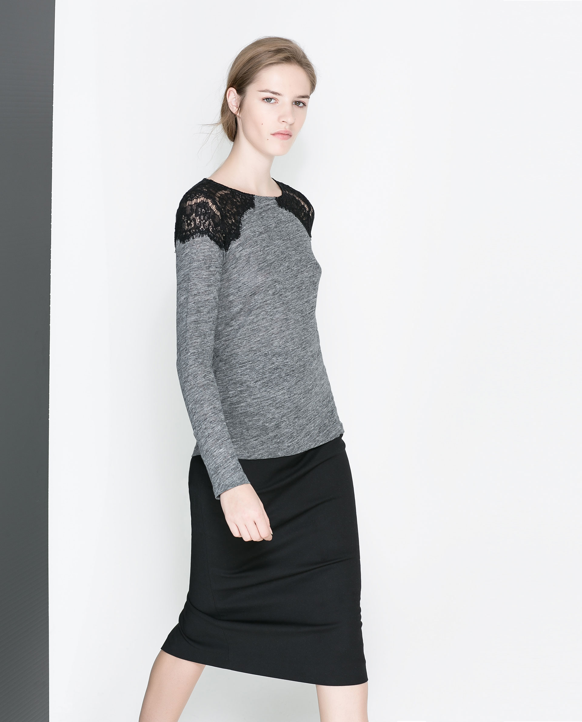 Zara T-shirt with Lace Shoulders in Gray | Lyst
