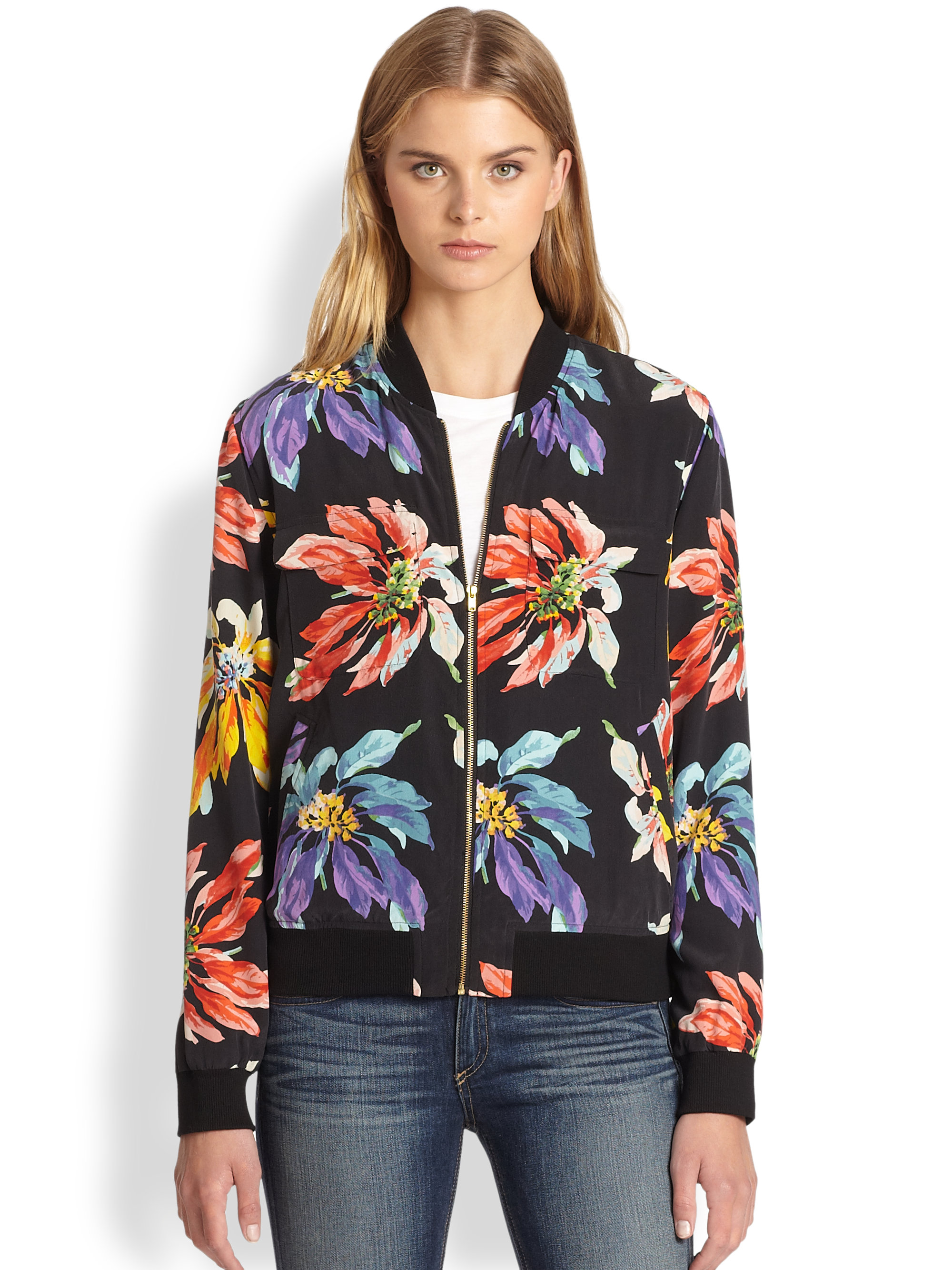 Lyst Equipment Abbot Silk Floralprint Bomber Jacket in Black