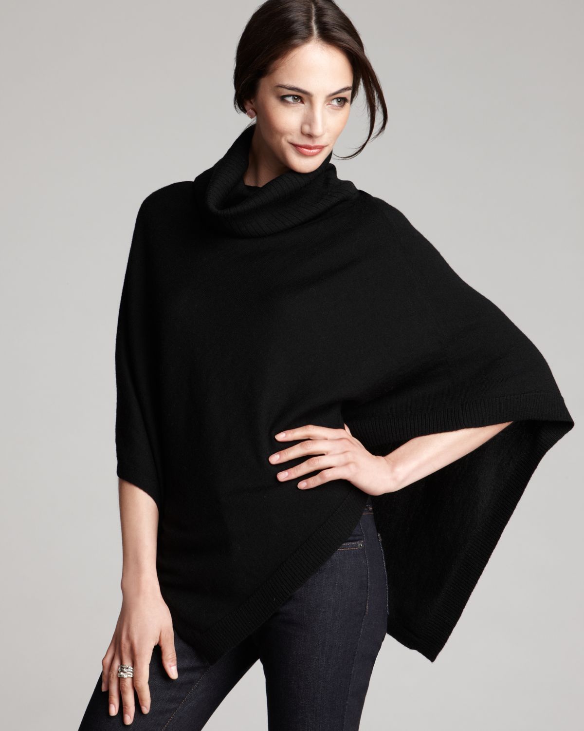 Eileen Fisher black turtleneck wool poncho; with black long-sleeve ...