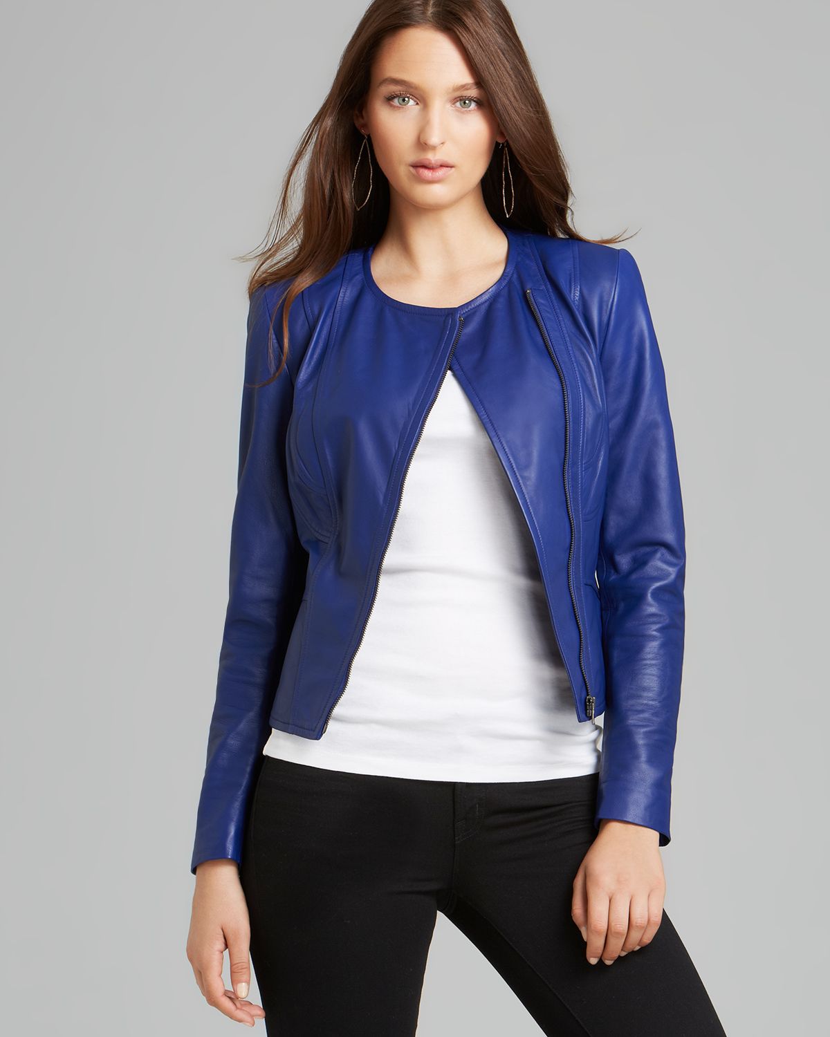 T Tahari Leather Deanna Jacket In Blue Lyst Gallery