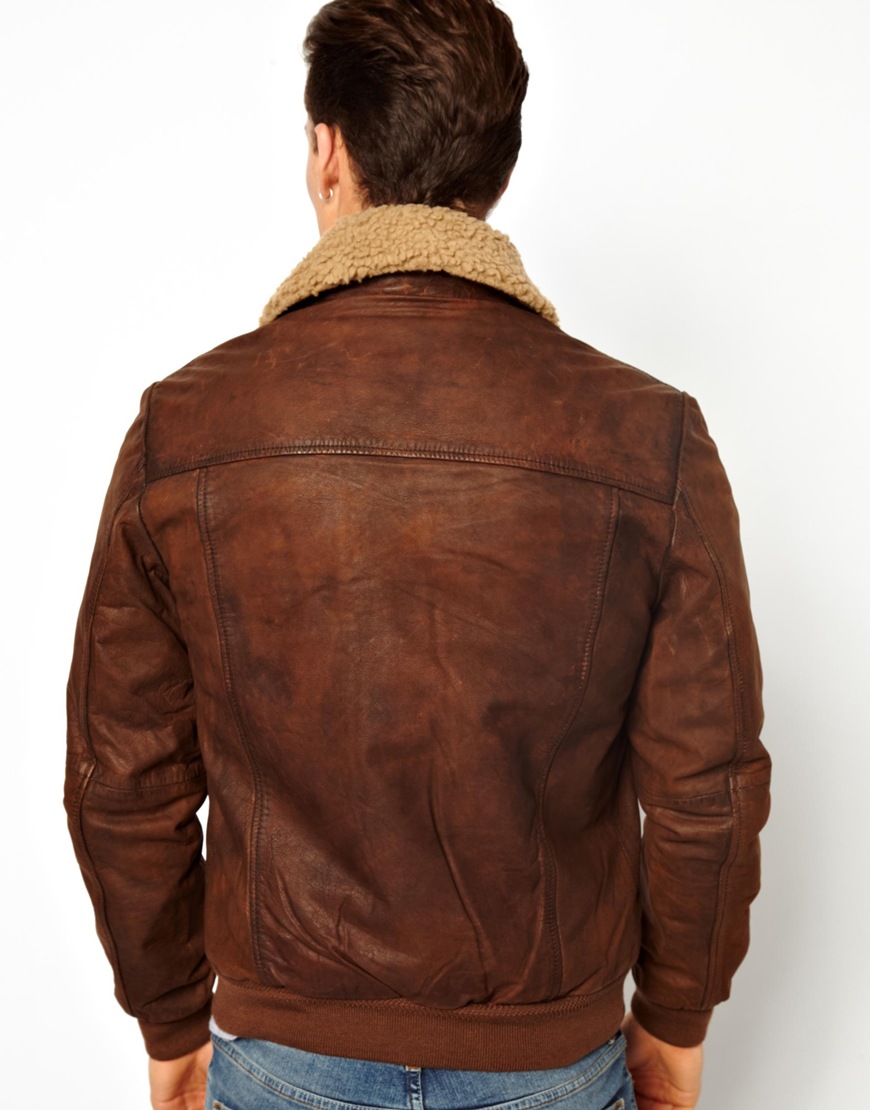 Asos Wrangler Leather Jacket Sherpa Collar In Brown For Men Lyst 6296