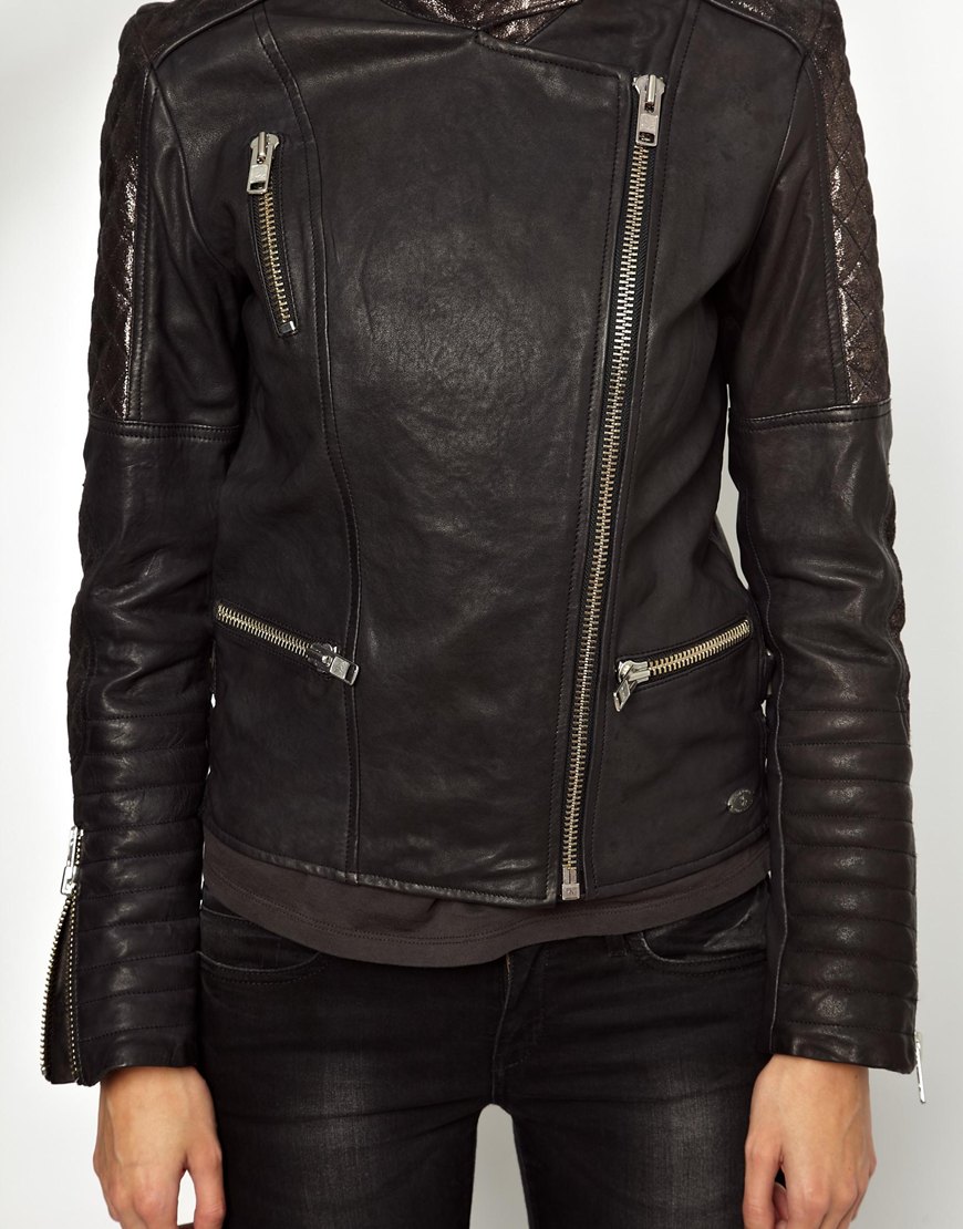 Lyst - Asos Maison Scotch Leather Biker Jacket With Metallic Panels in ...