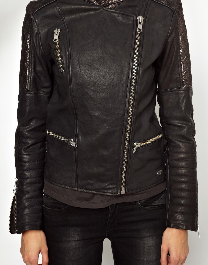 Asos Maison Scotch Leather Biker Jacket With Metallic Panels In Gallery