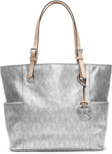 Michael Kors Signature Metallic East West Tote in Silver | Lyst
