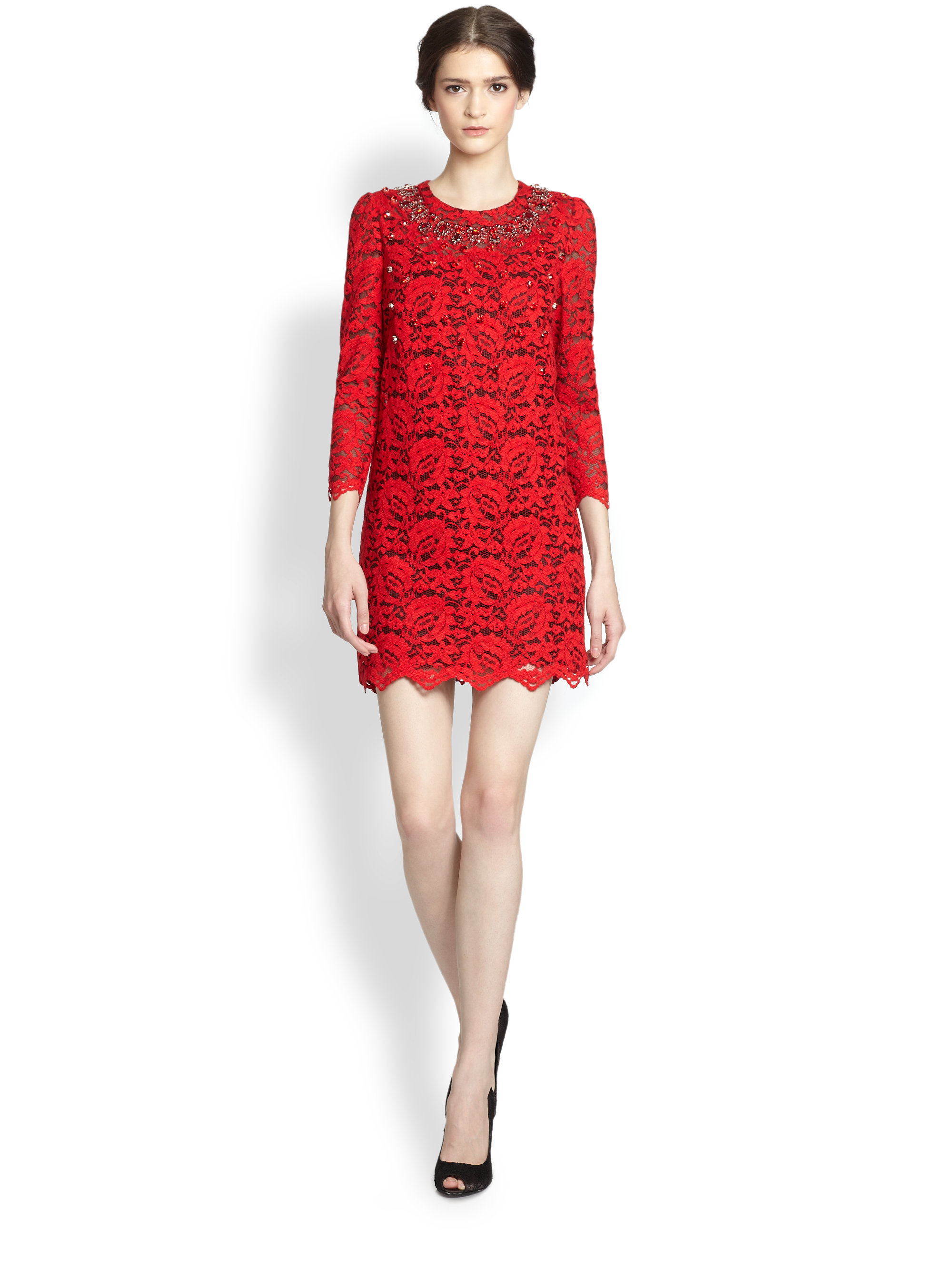 Lyst Dolce Gabbana Embellished Lace Dress In Red Gallery