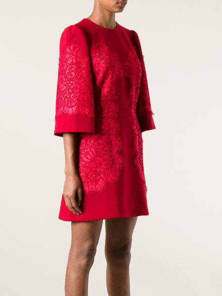 Dolce & Gabbana Embroidered Lace Dress in Red | Lyst