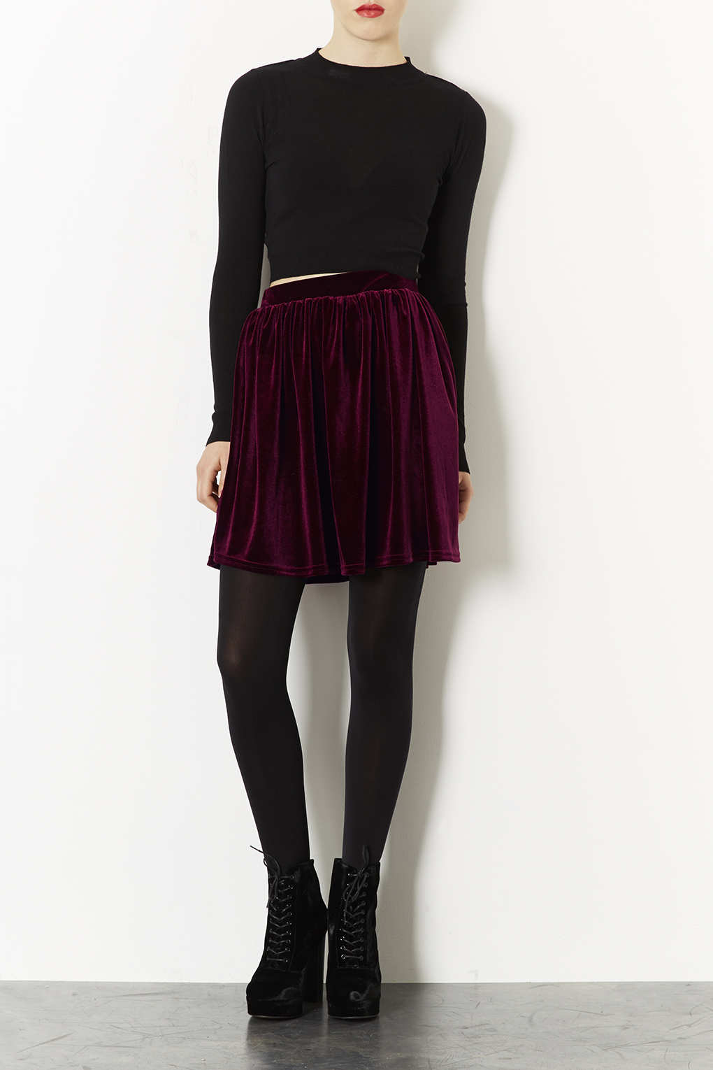 Topshop Burgundy Velvet Skater Skirt in Purple | Lyst