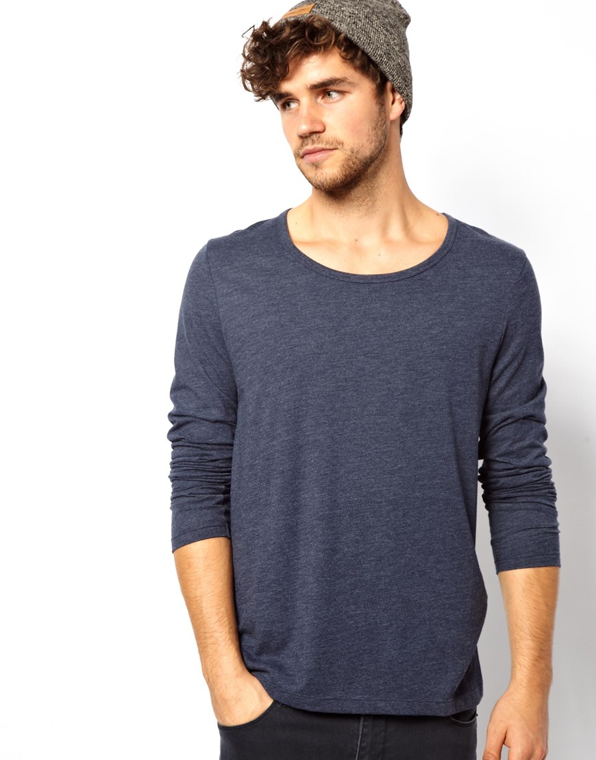 Lyst - Asos Long Sleeve T-Shirt With Bound Scoop Neck in Blue for Men