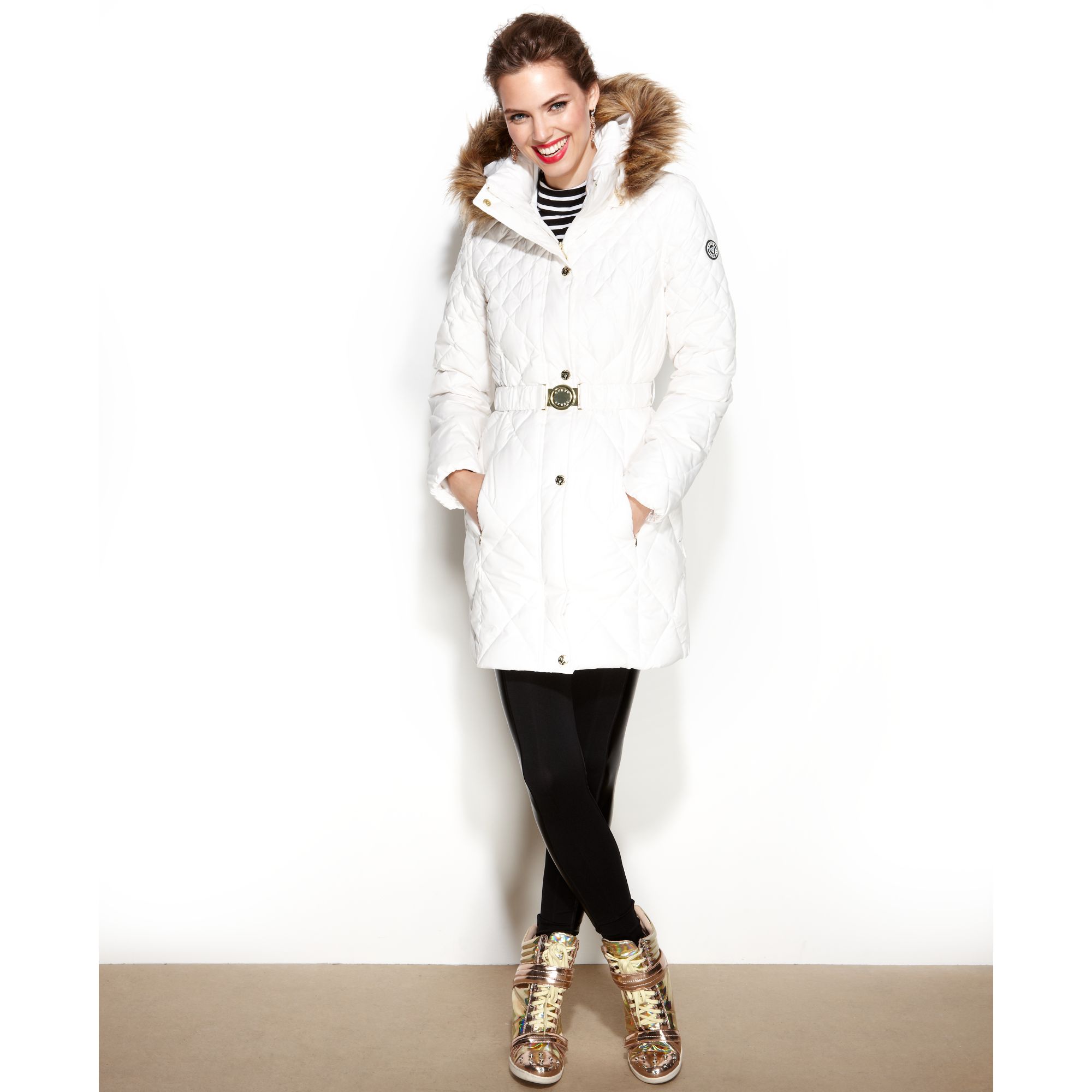 Lyst Guess Coat Hooded Fauxfurtrim Quilted Puffer in White