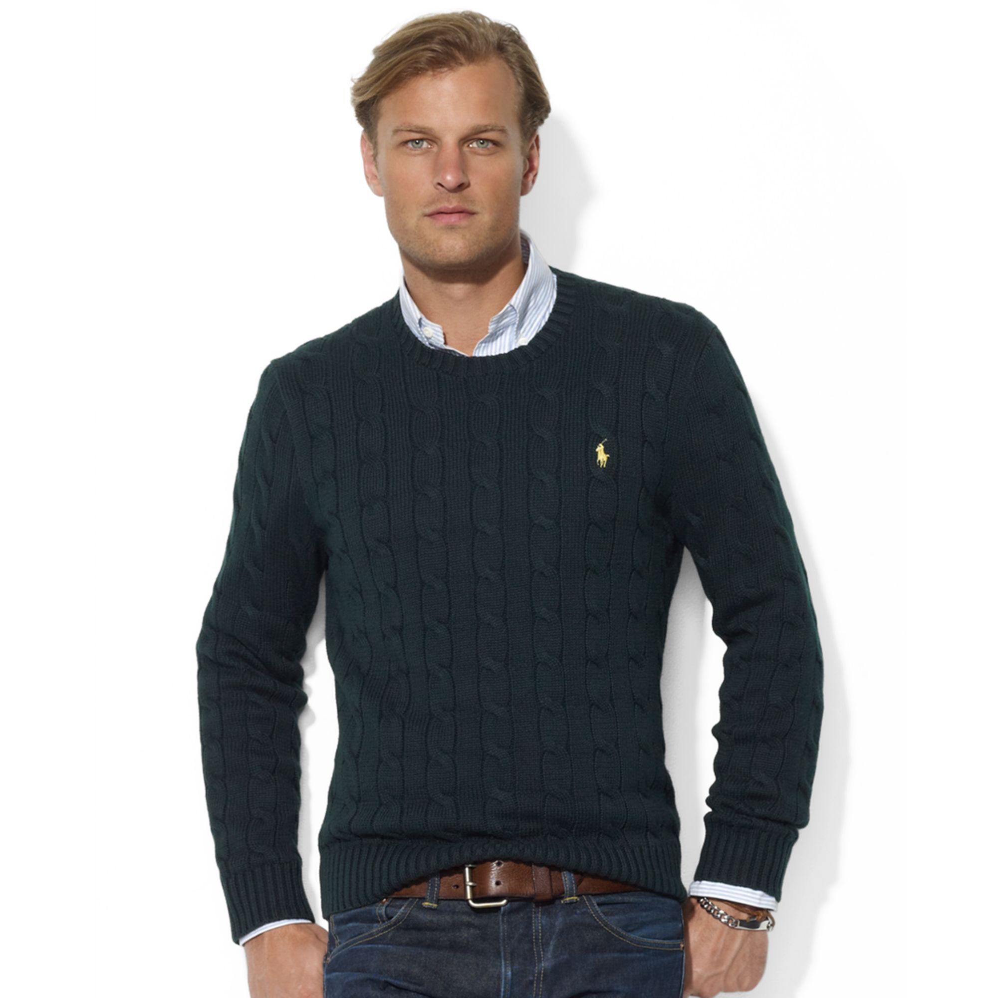 Lyst - Ralph Lauren Roving Crew Neck Cable Cotton Sweater in Green for Men