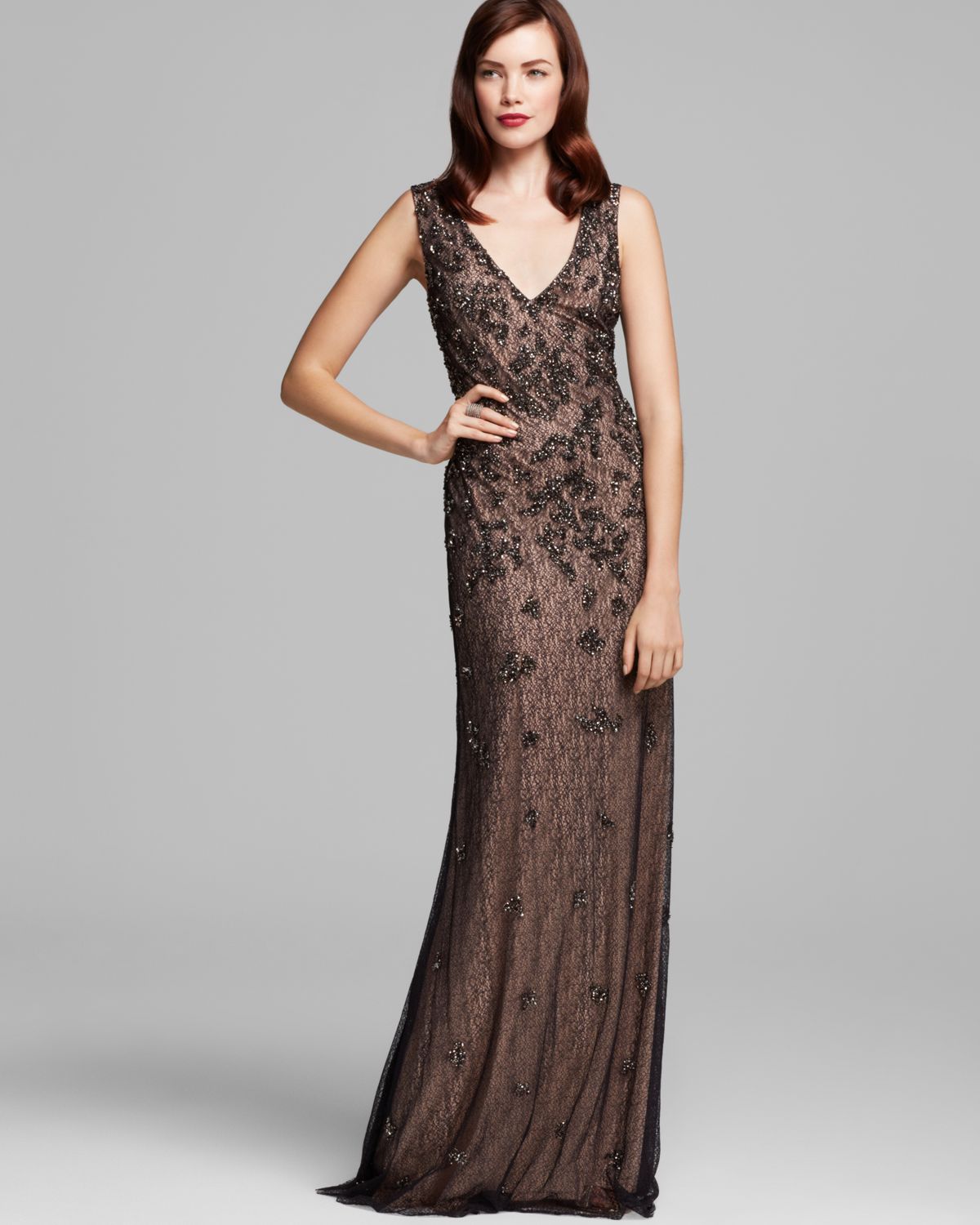 Lyst - Aidan Mattox Beaded Lace V Neck Gown in Brown