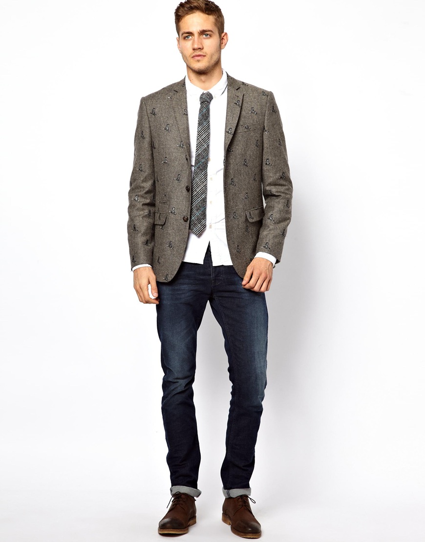 Lyst - Asos Slim Fit Tweed Blazer with Embroidery in Brown for Men