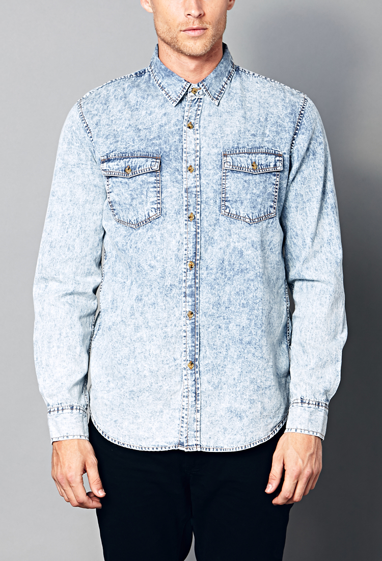 Lyst Forever 21 Classic Fit Acid Wash Shirt in Blue for Men