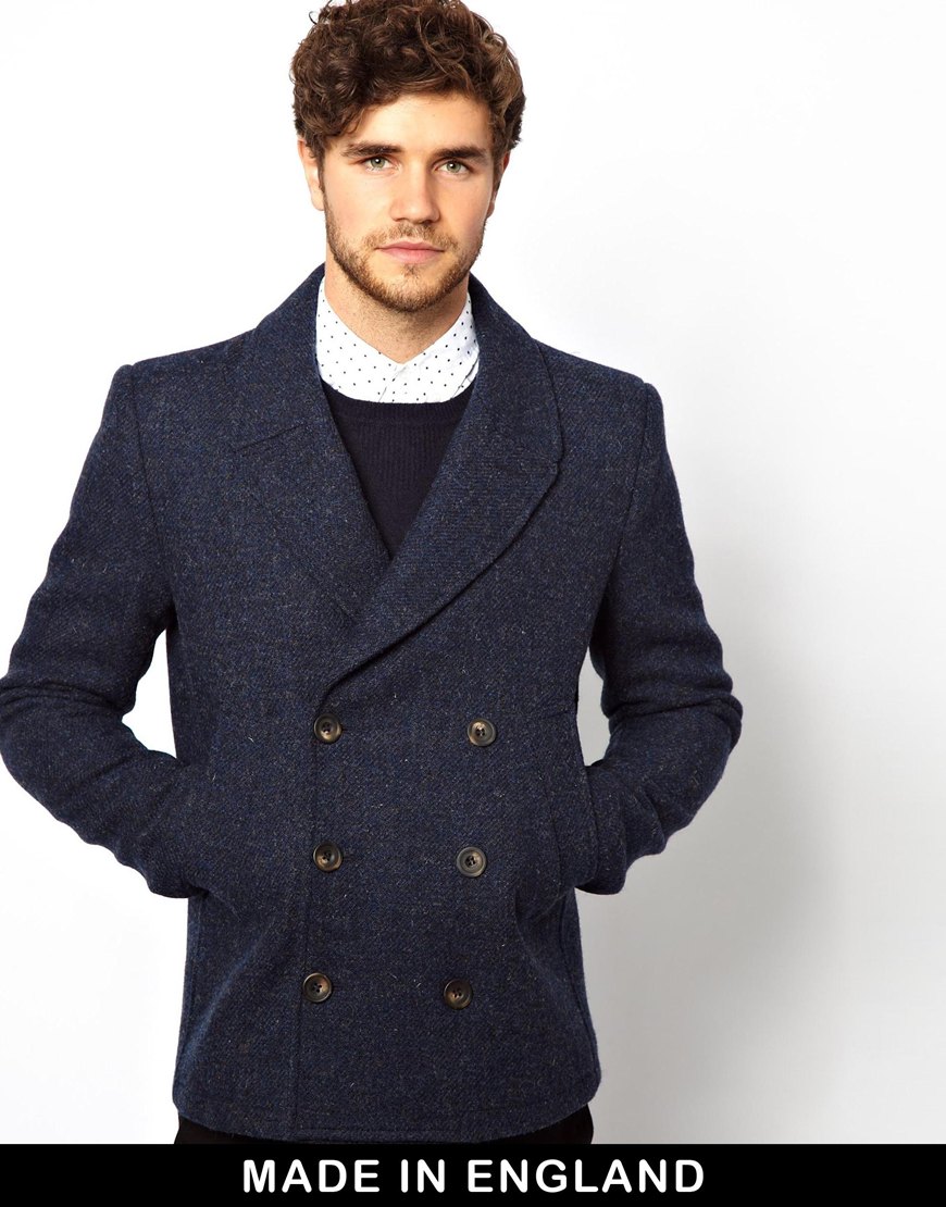 Lyst - Asos Harris Tweed Peacoat in Blue for Men