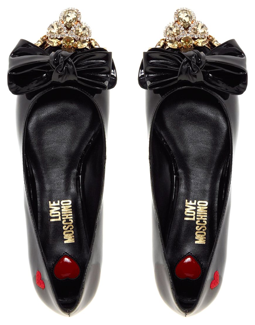 Lyst Love Moschino Black Patent Bow Flat Shoes in Black