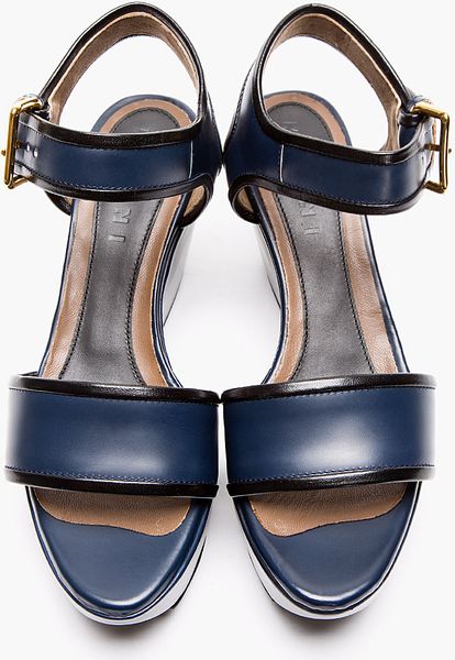 Marni Navy Leather Wedge Sandals in Blue (navy) | Lyst