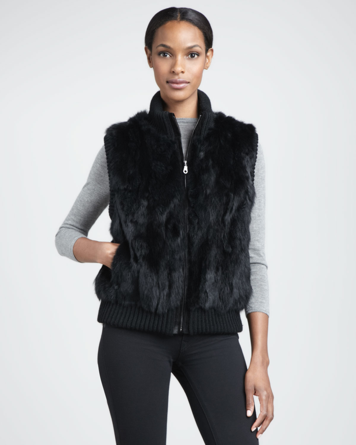 Lyst Knittrim Rabbit Fur Vest Black in Black