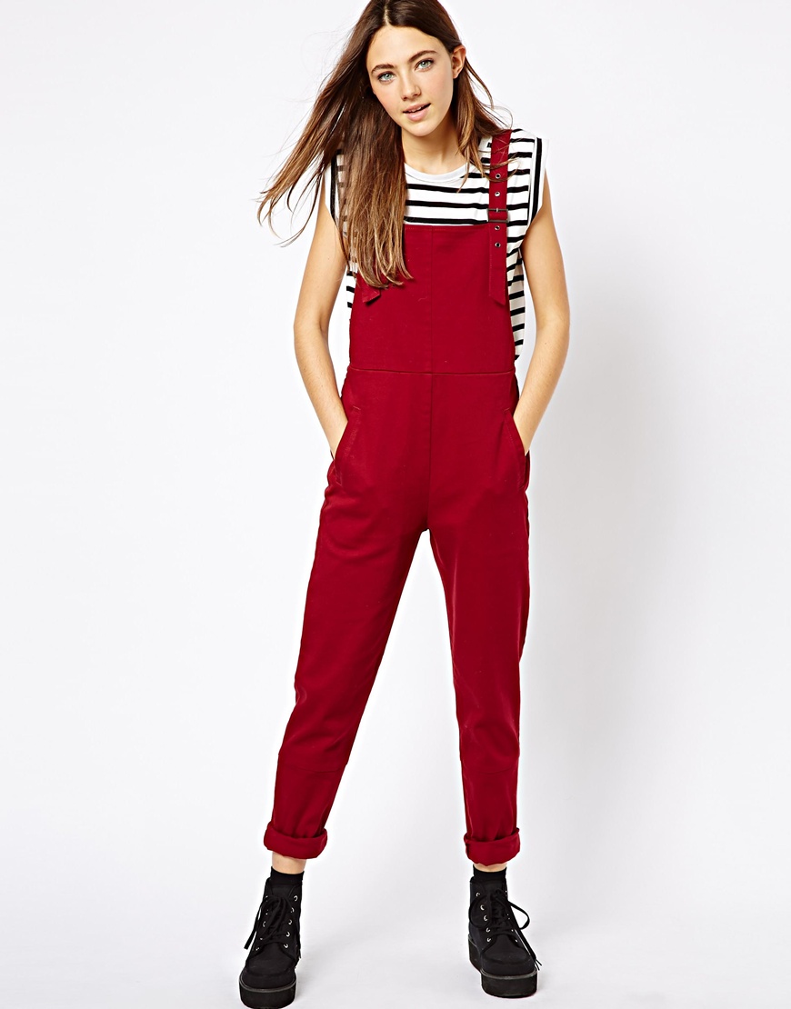 red overall pants