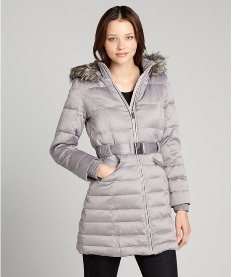 Dkny Silver Quilted Fur Trimmed Belted Waist Three Quarter Jacket in ...