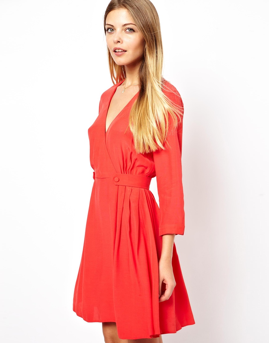 Lyst - Asos Skater Dress With Wrap Front And Tab Side in Red