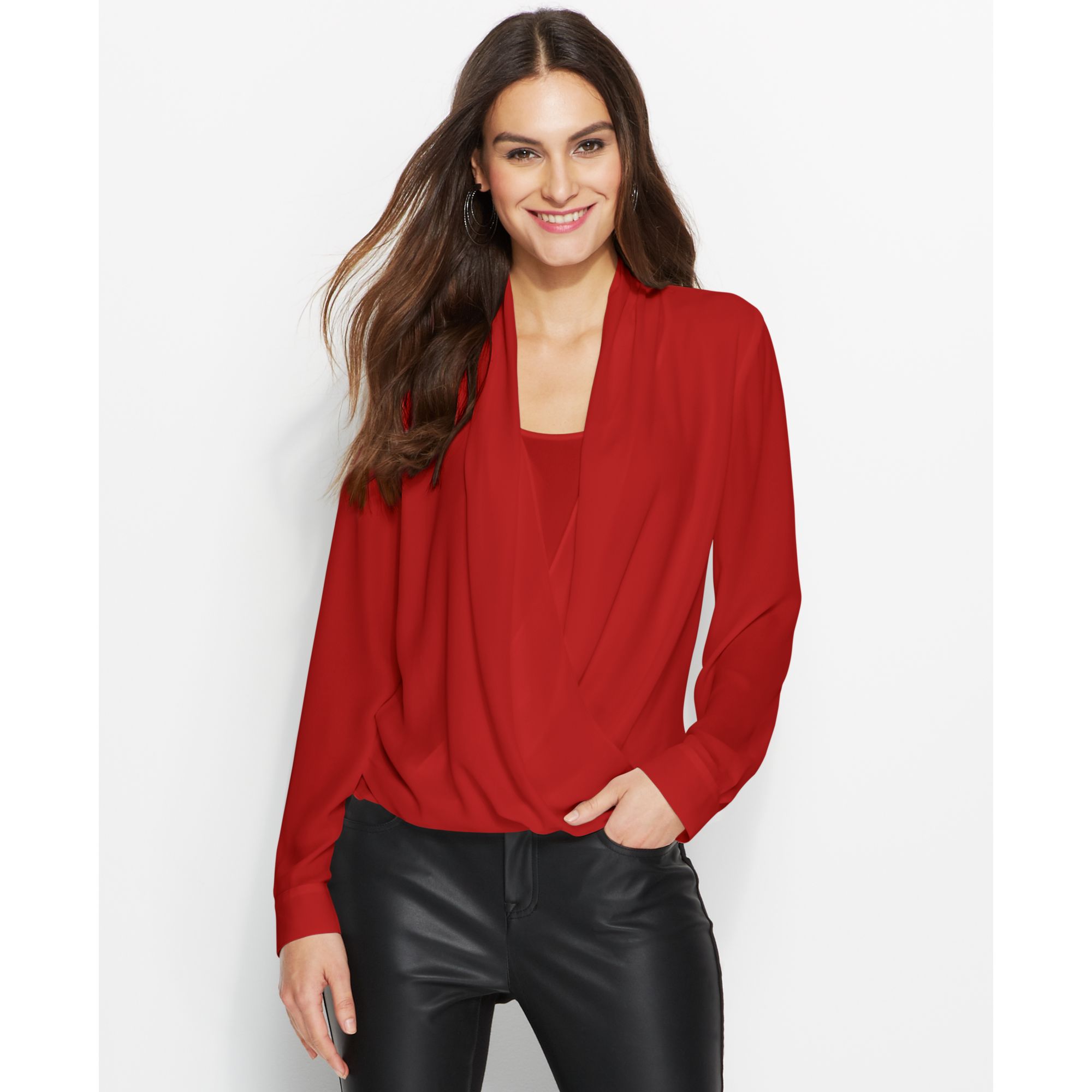 Lyst - Vince Camuto Long Sleeve Draped Blouse in Red