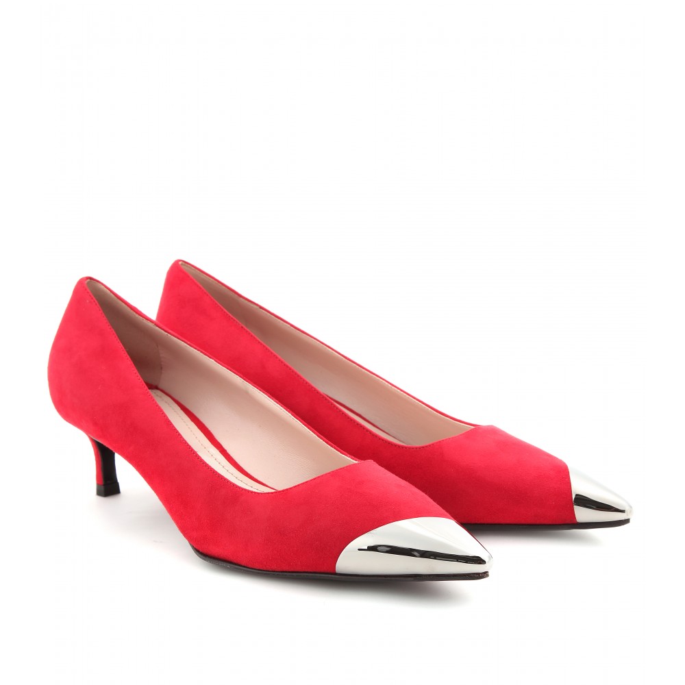 Miu Miu Suede Kitten Heel Pumps with Metal Toe Cap in Red (rosso) | Lyst