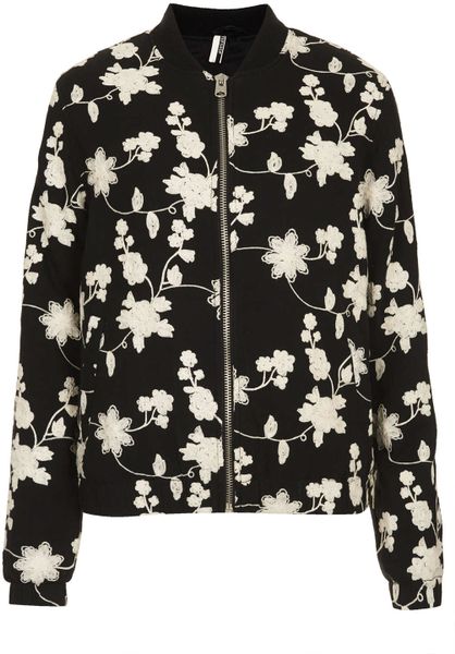 Topshop Floral Embroidered Bomber Jacket in Black | Lyst