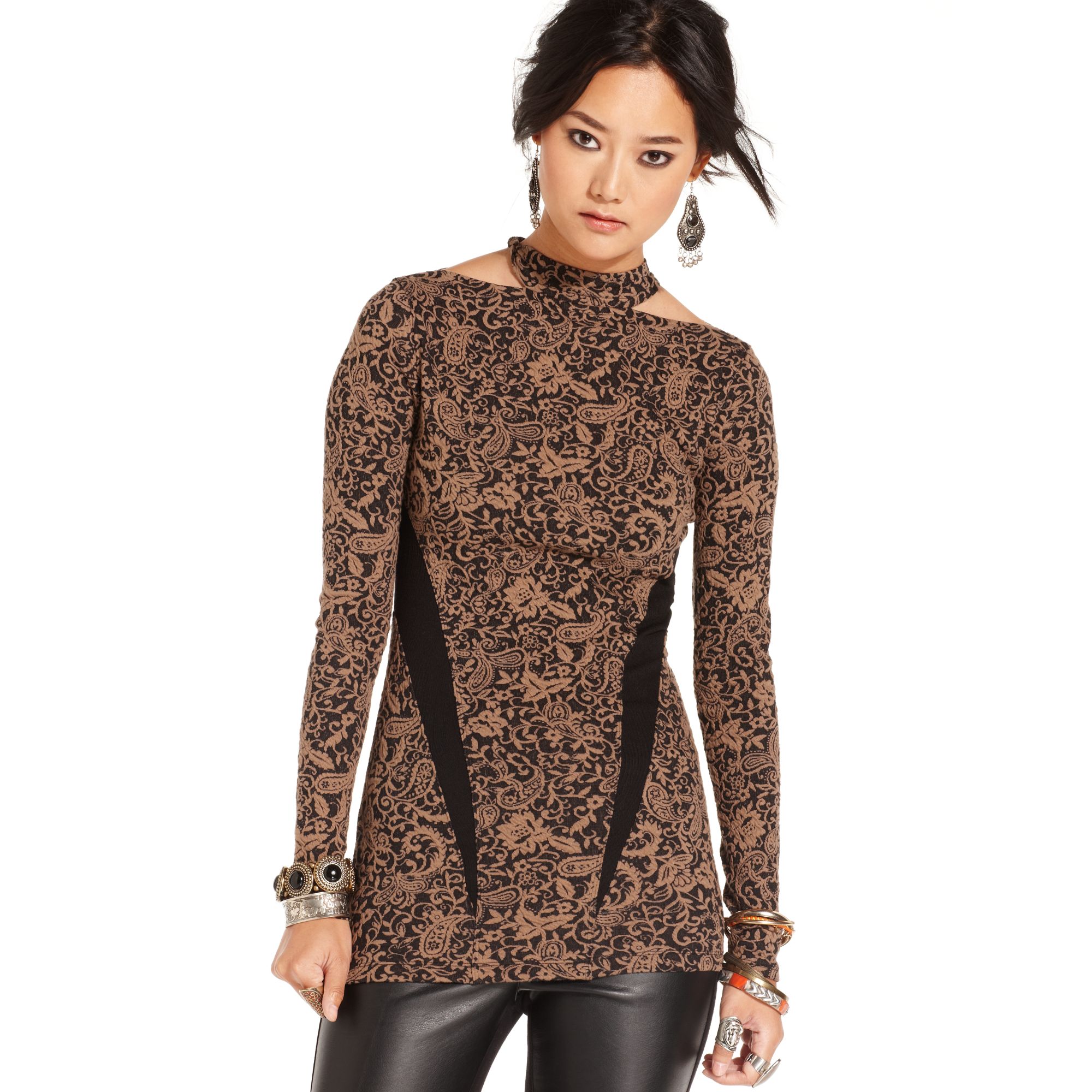 Free People Long Sleeve Halter Paisley Cutout Tunic in Brown (Taupe ...