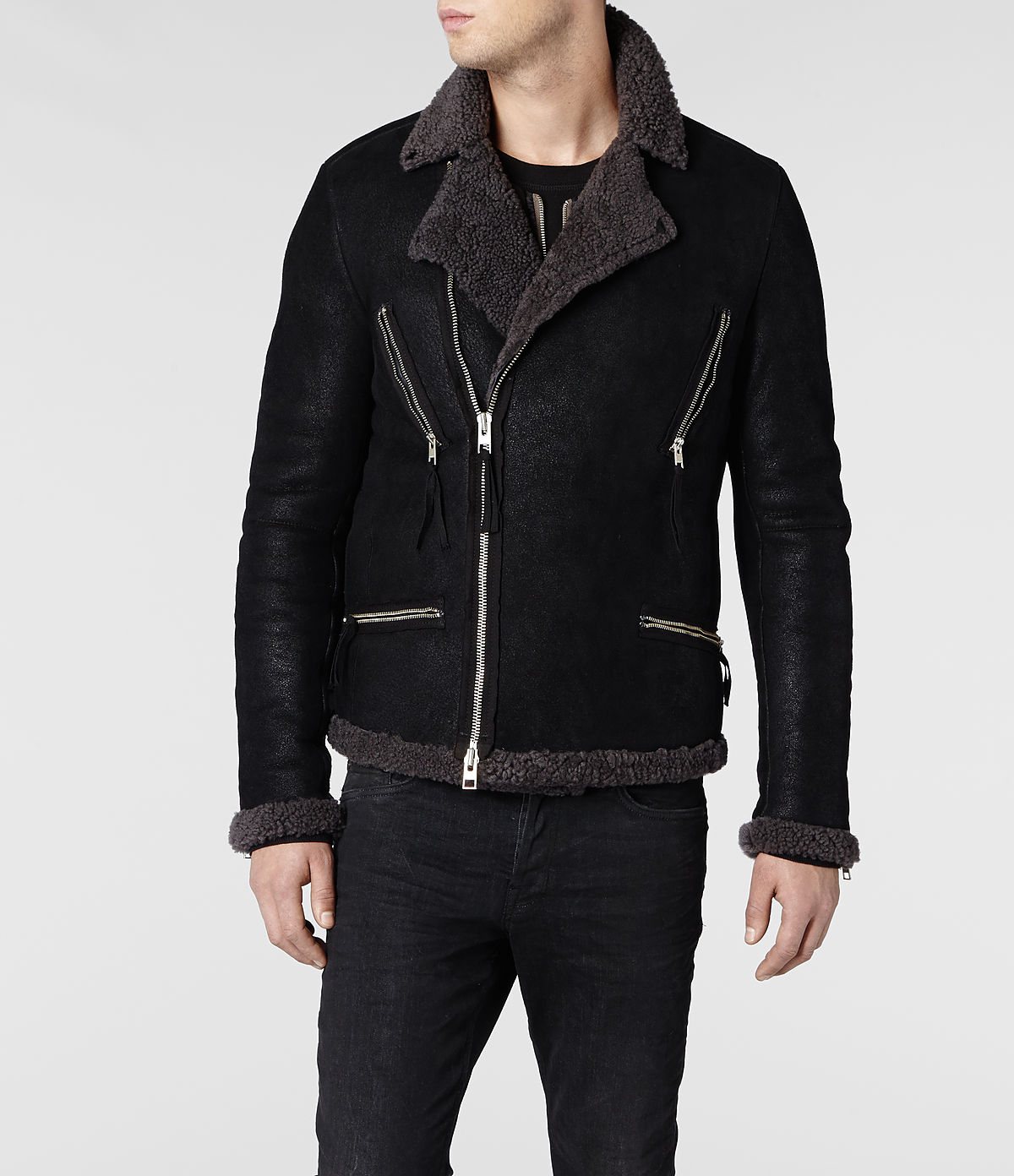 Lyst Allsaints Sears Shearling Biker Jacket In Black For Men Gallery Men S Fur Jackets