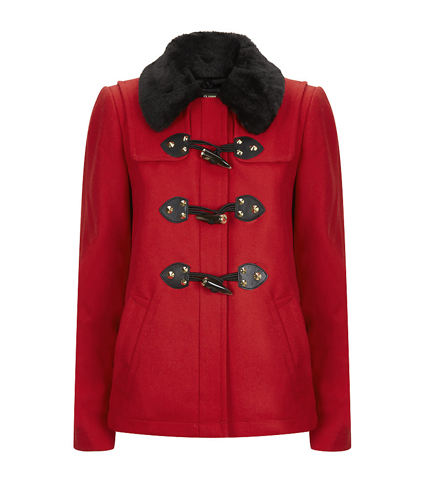 Juicy Couture Duffle Coat with Fur Collar in Red | Lyst