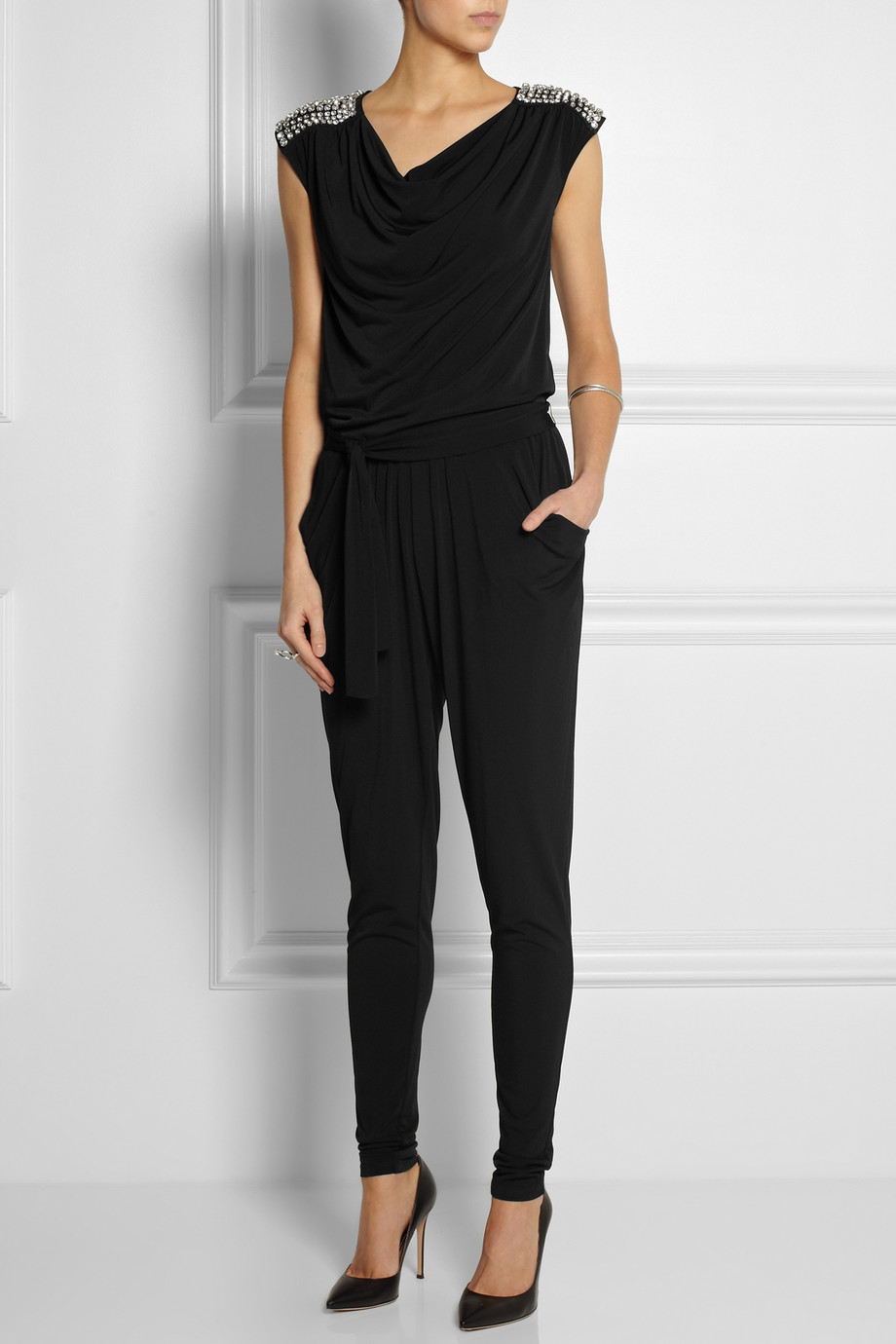 Lyst - Michael Michael Kors Crystal-Embellished Stretch-Jersey Jumpsuit ...