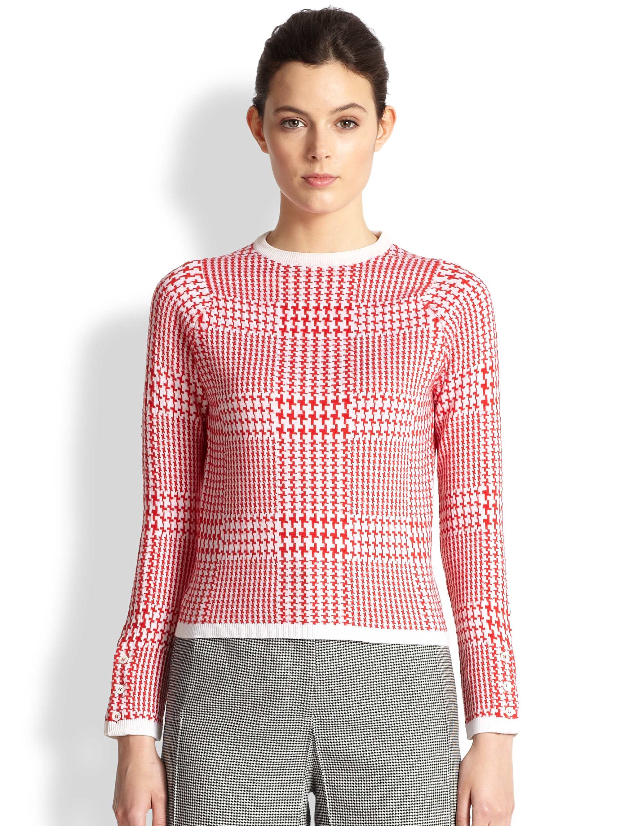 Thom Browne Prince Of Wales Houndstooth Cashmere Sweater in Red (RED ...