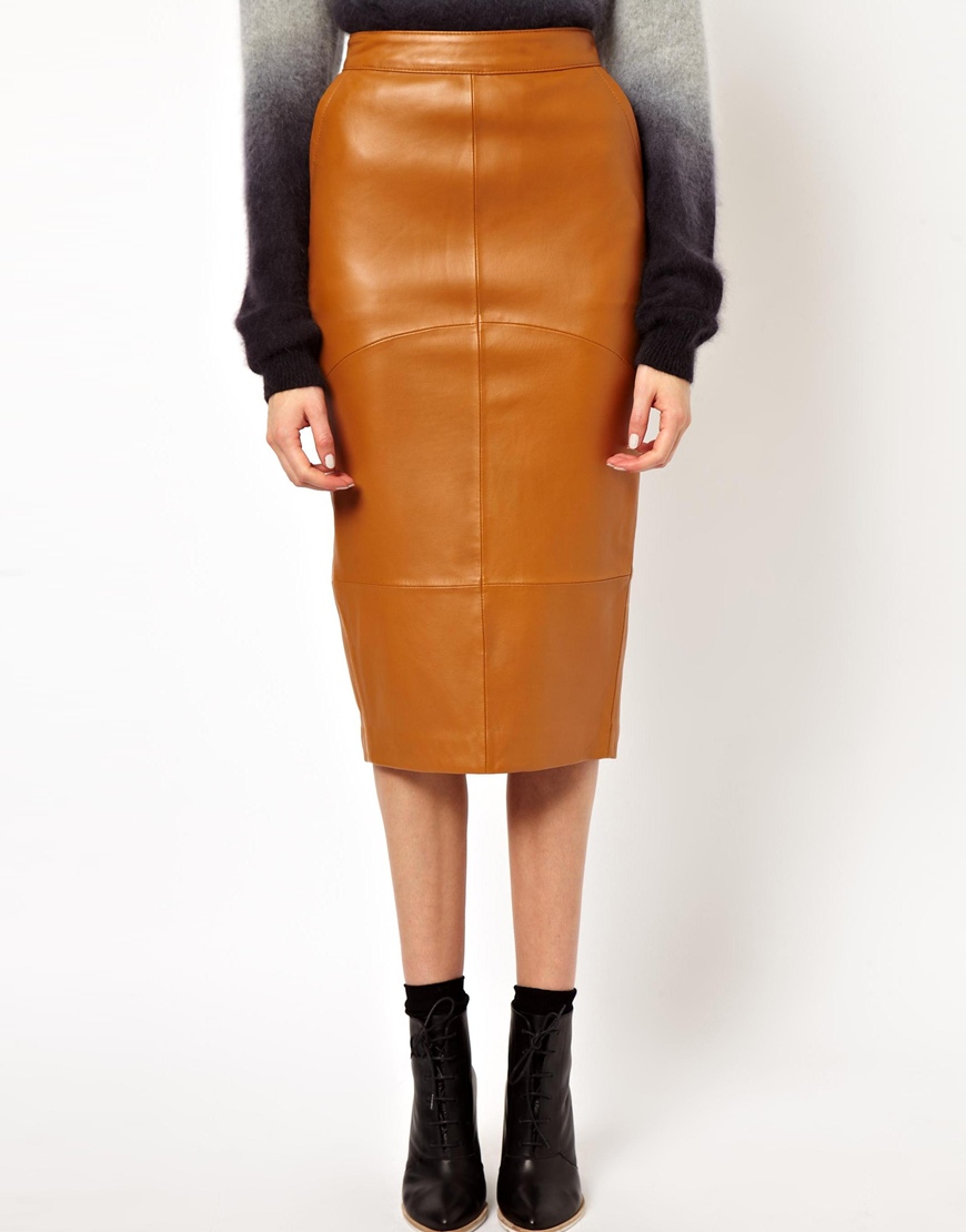 Asos Pencil Skirt in Leather in Brown | Lyst