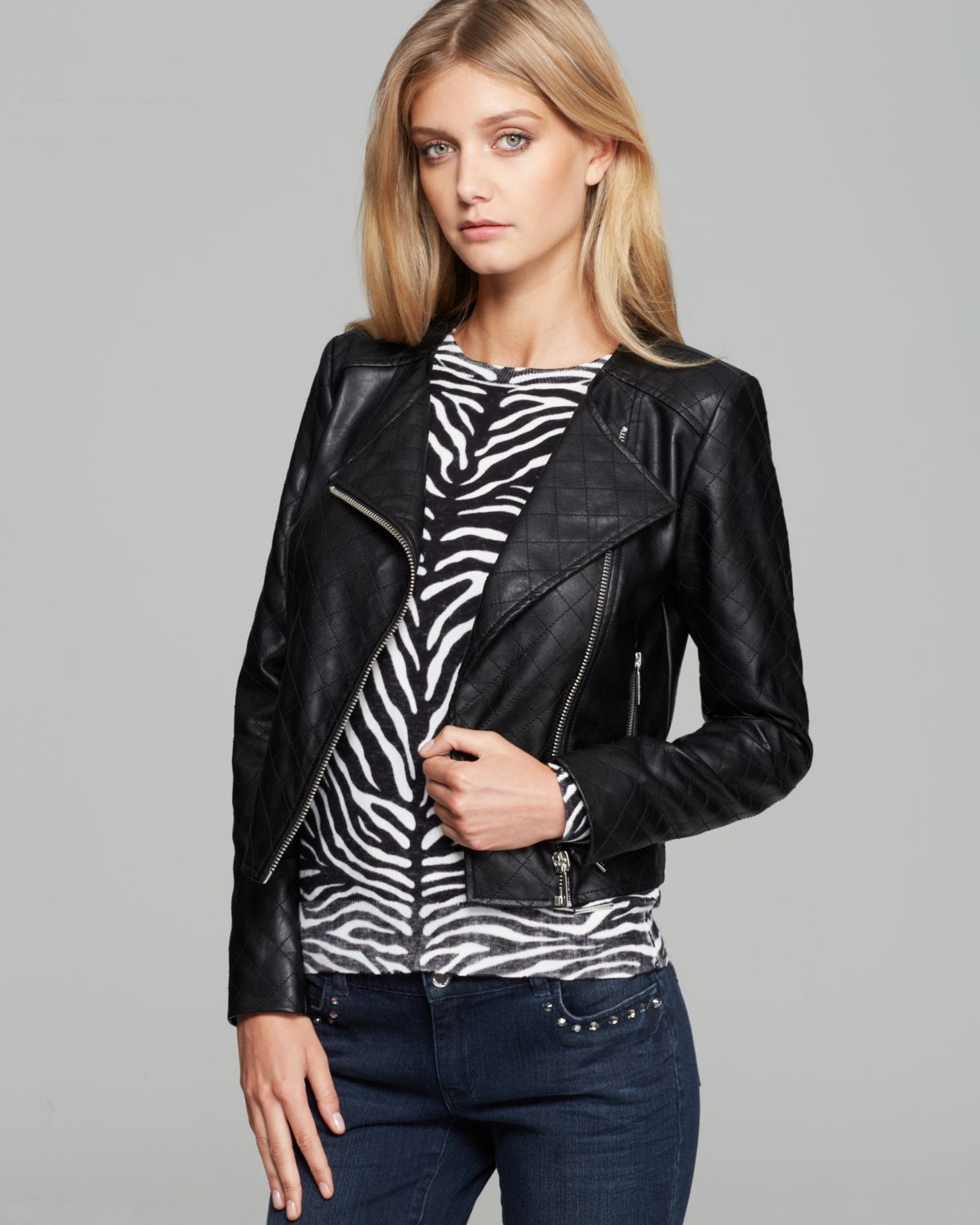 Lyst Michael Kors Faux Leather Quilted Moto Jacket In Black Gallery