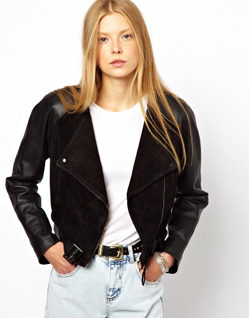 Lyst Monki Cropped Leather Suede Biker Jacket In Black Gallery Women S Cropped Leather Jackets