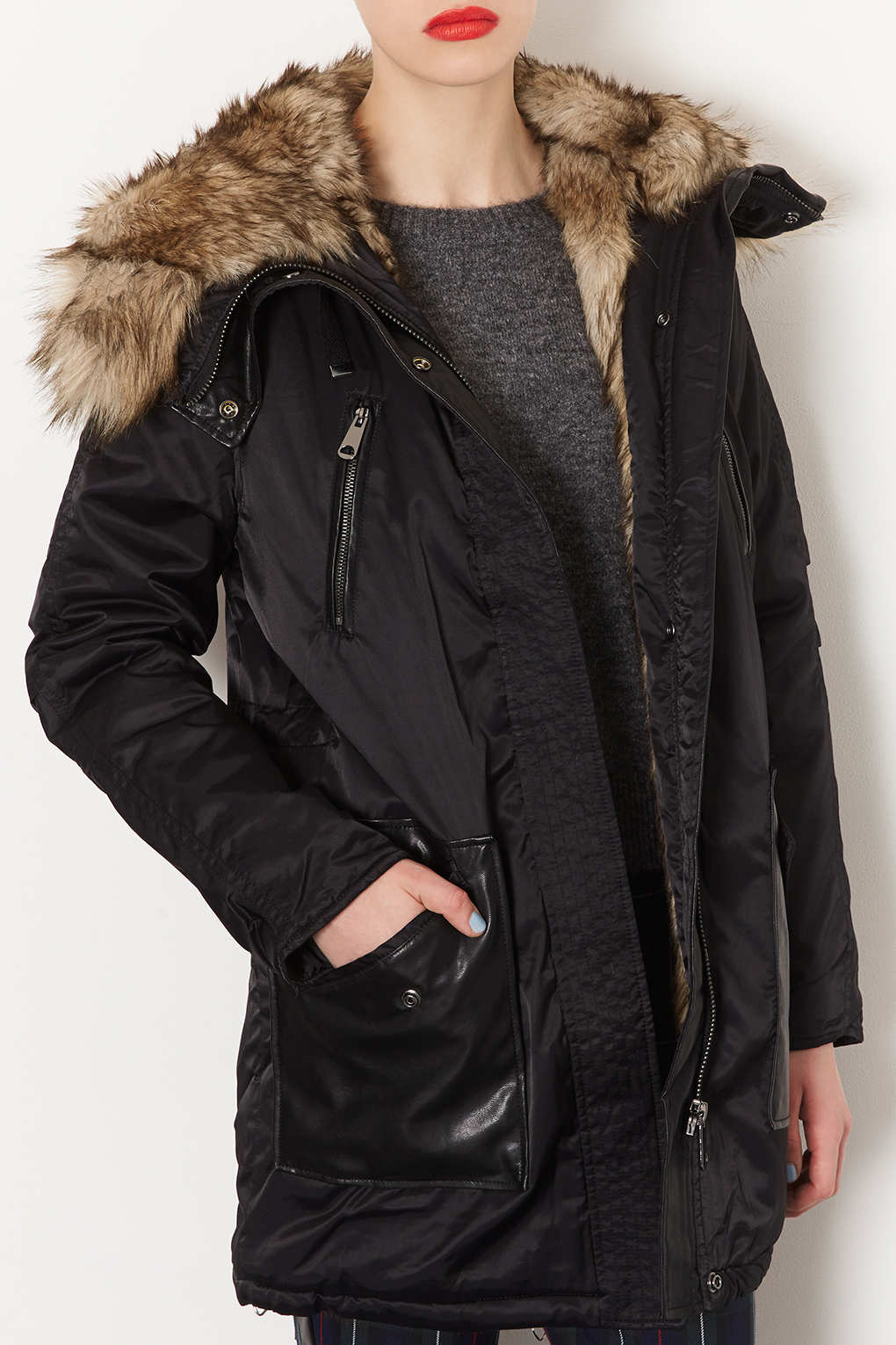 Lyst Topshop Fur Lined Long Parka Jacket in Black