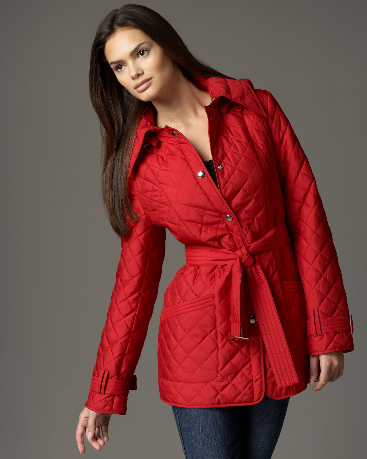 Lyst Neiman Marcus Belted Lightweight Quilted Jacket in Red