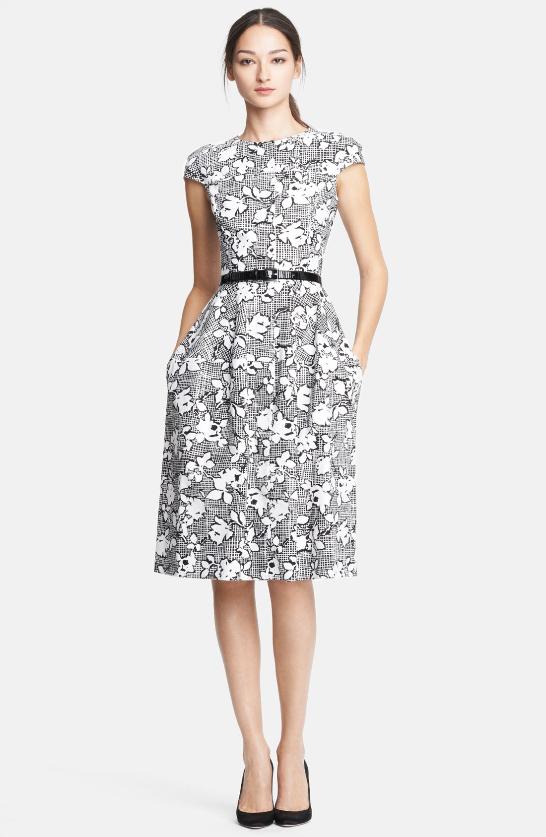 OSCAR DE LA RENTA - White Rose Print Stretch Cotton Canvas Dress Lavish ...