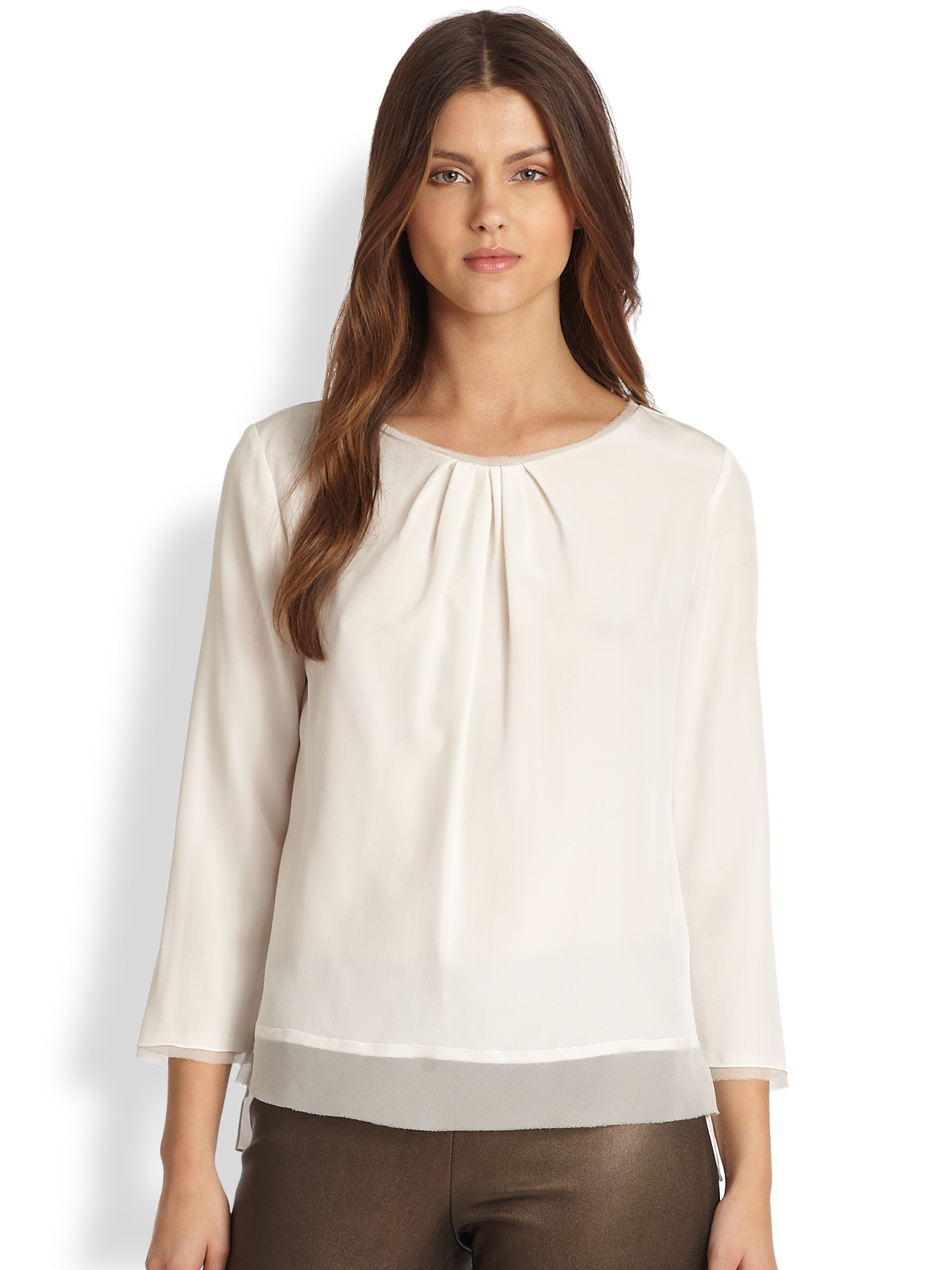 Elie Tahari Sheena Pleated Silk Blouse in Beige (ANTIQUE) | Lyst