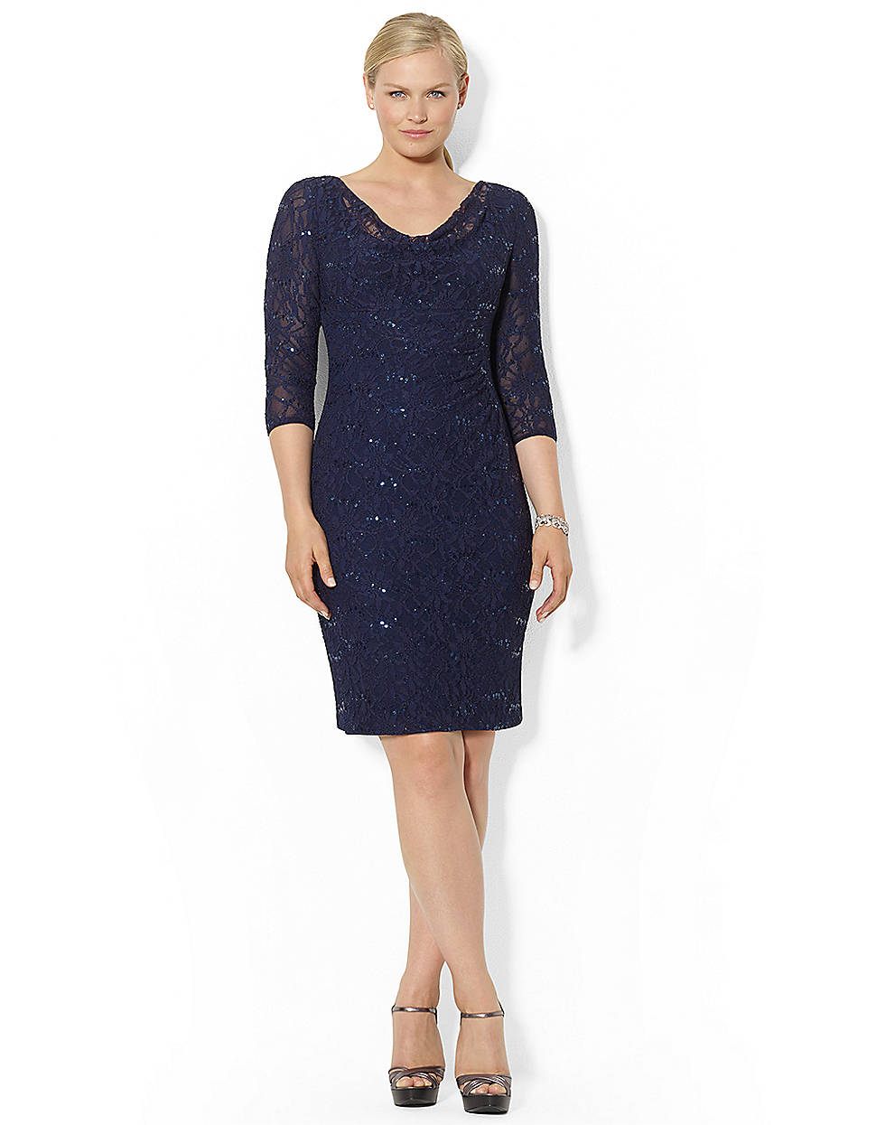 Lauren By Ralph Lauren Plus Sequined-lace Cowlneck Dress in Blue (navy ...