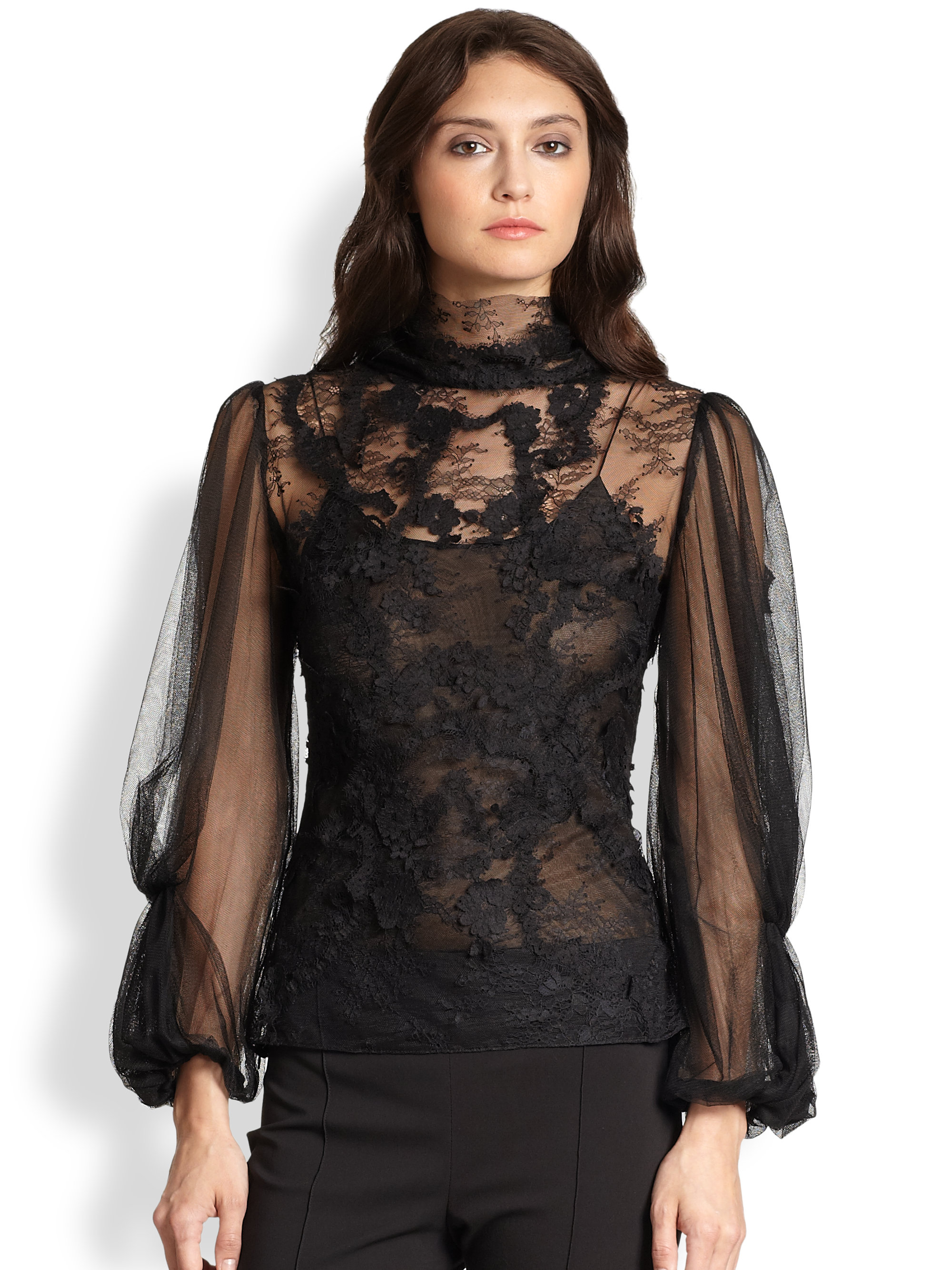 Lyst - Oscar De La Renta Longsleeve Lace Blouse in Black