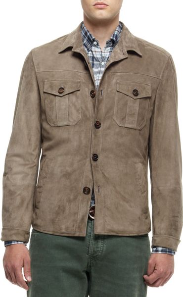 Brunello Cucinelli Suede Shirt Jacket in Brown for Men (GREEN) | Lyst