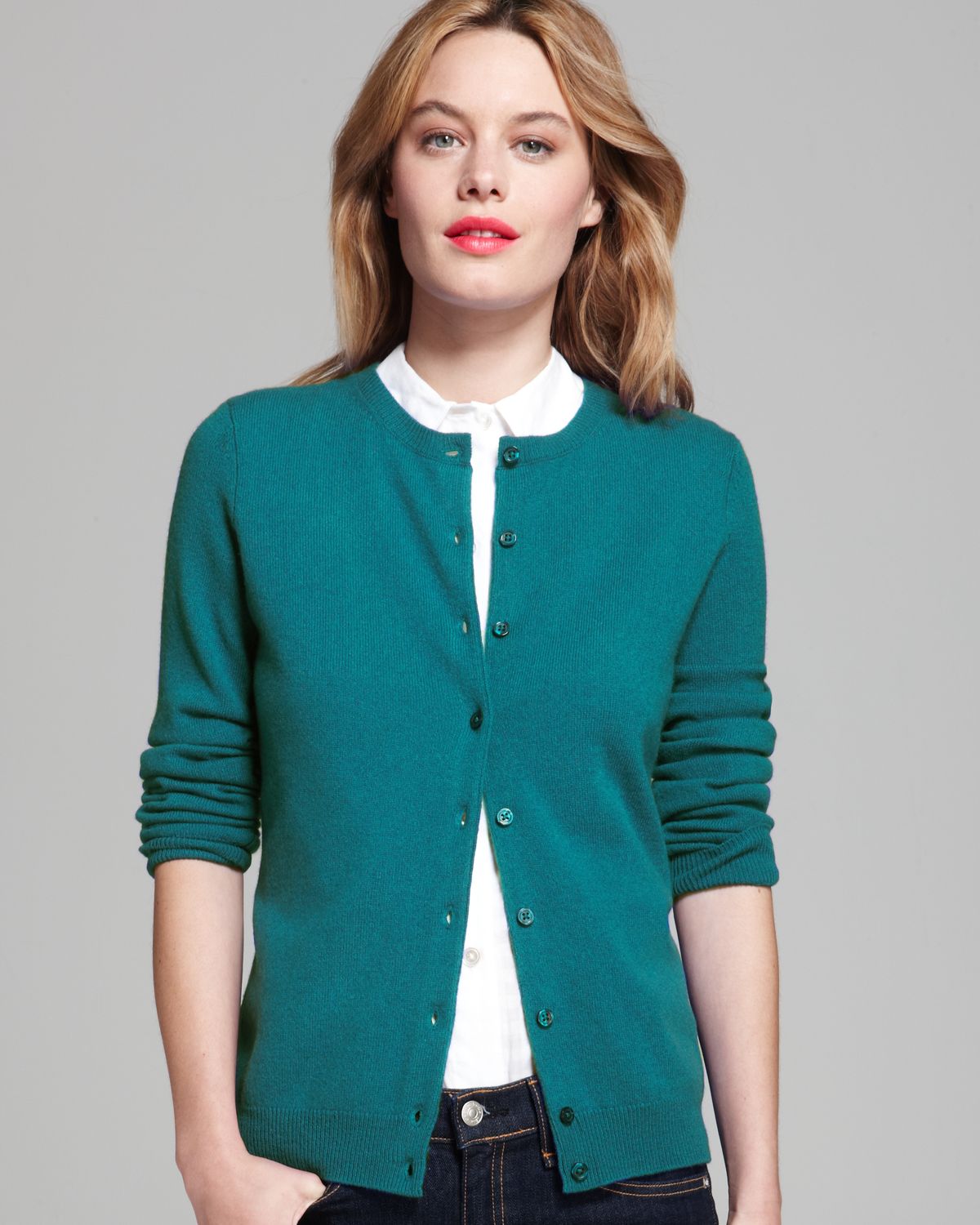 C By Bloomingdale's Cashmere Crewneck Cardigan in Green (Dark Teal) | Lyst