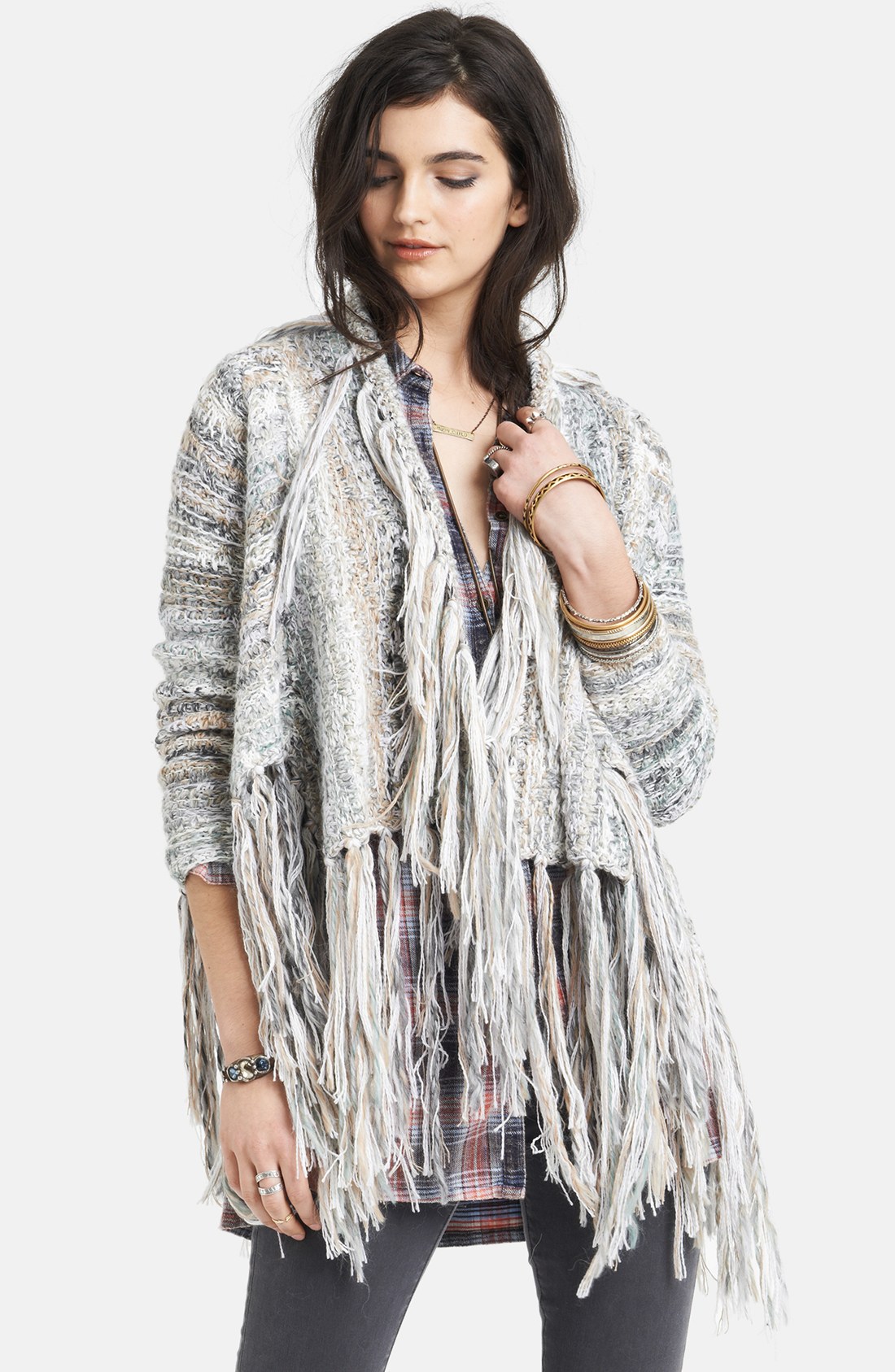 Free People Chunky Knit Fringed Cardigan in Gray (Neutral Combo) | Lyst