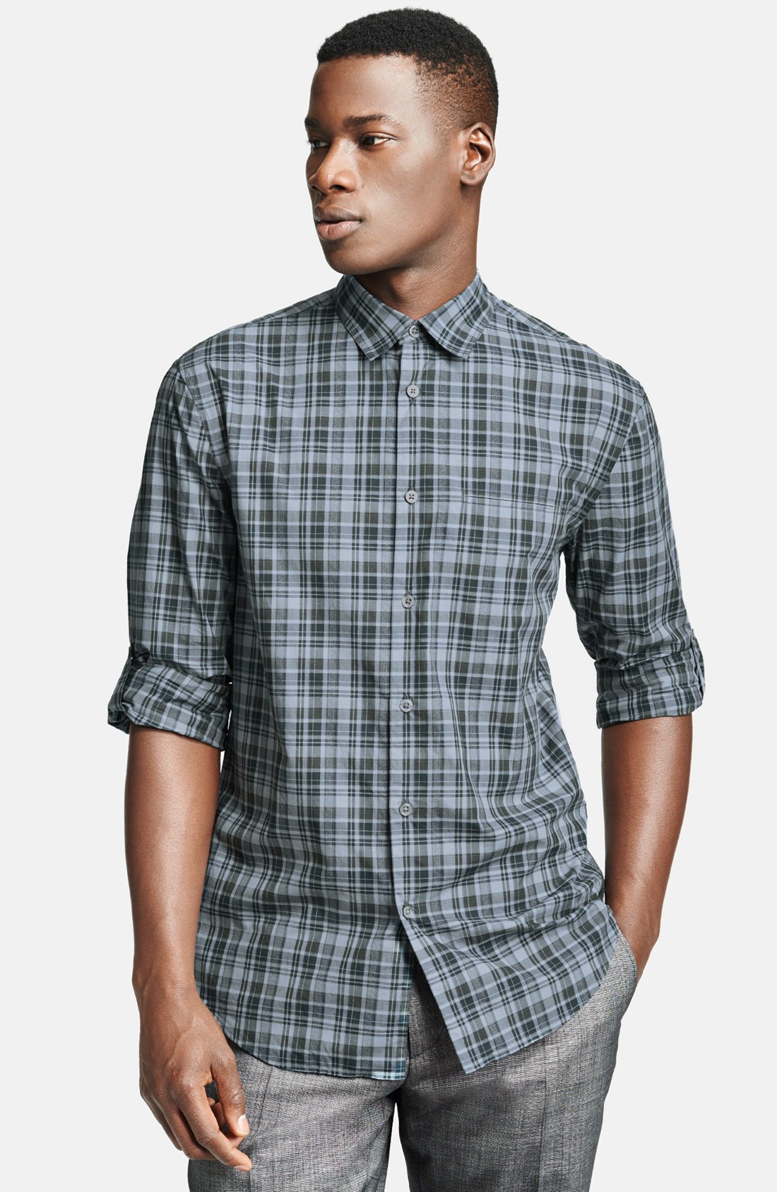 John Varvatos Plaid Cotton Shirt with Button Tab Roll Sleeves in Blue ...