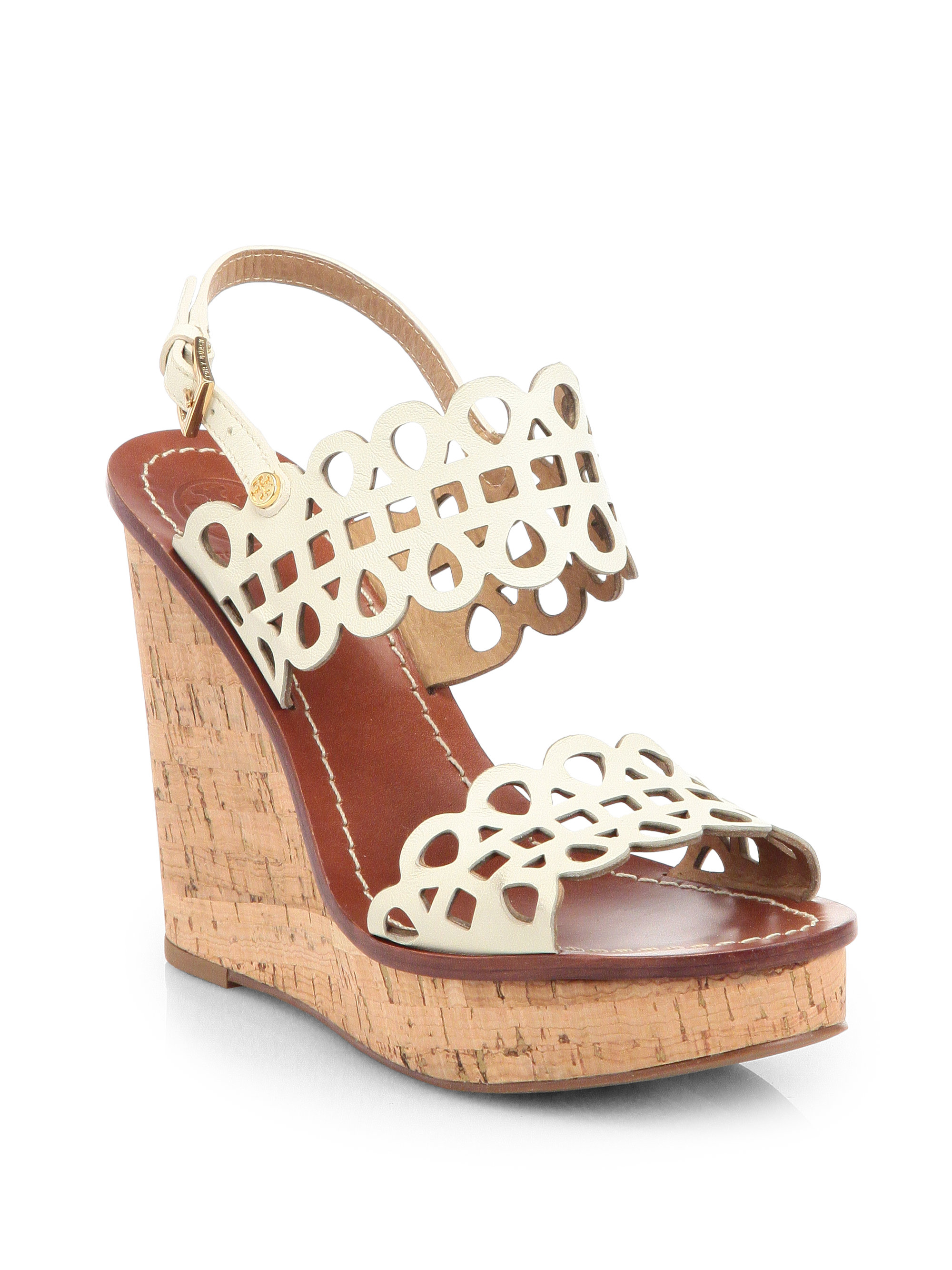 Tory Burch Nori Leather Cork Wedge Sandals in Gold (IVORY) | Lyst